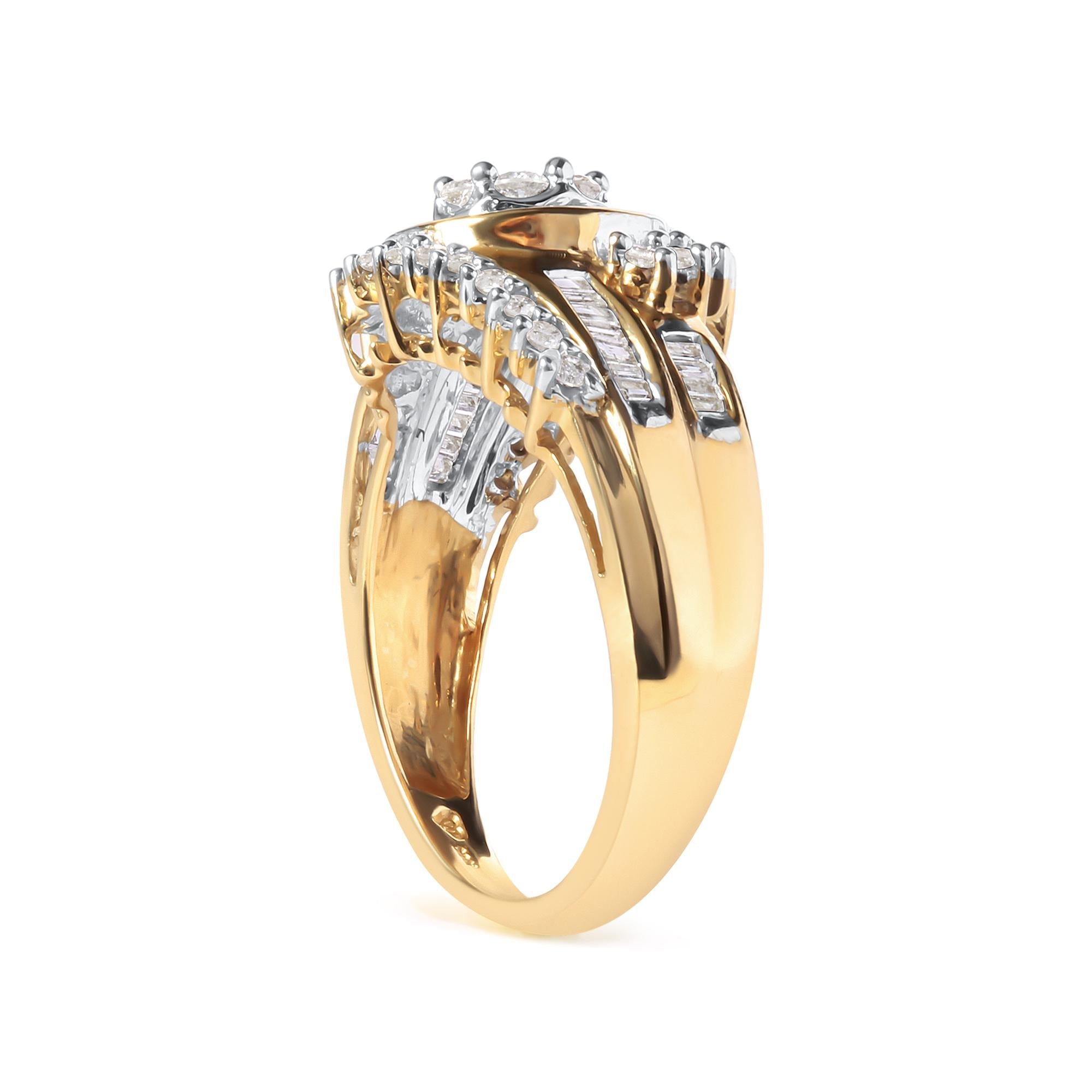 10K Yellow-Gold 1 Cttw Round and Baguette Cut Diamond Cluster Swirl Band Ring (H-I Color i1-i2 Clarity) - Ring Size 7 - Friggin Jewelry