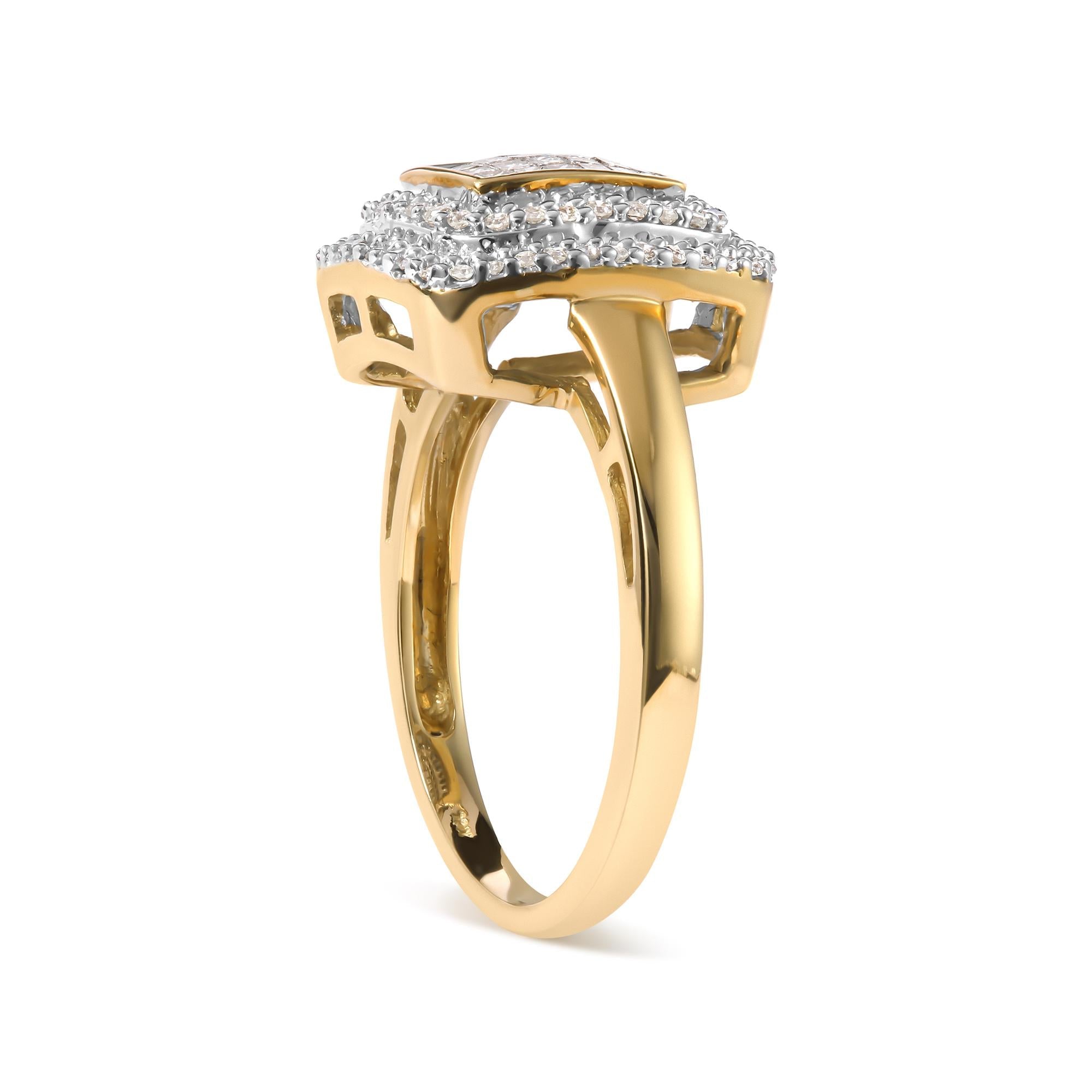 10K Yellow Gold 1/2 cttw Round and Princess Diamond Composite Head and Halo Ring (H-I Color, SI1-SI2 Clarity) - Friggin Jewelry