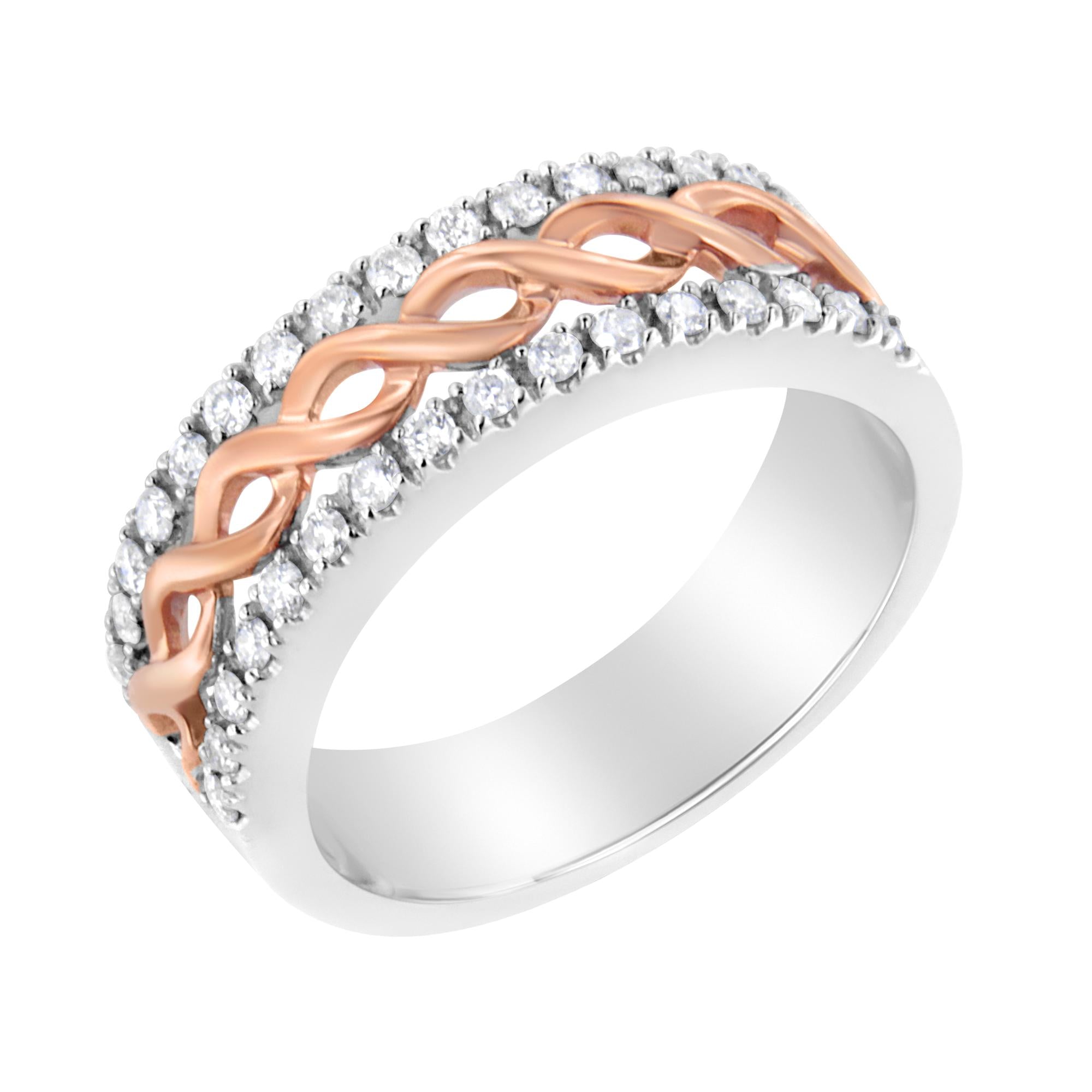 Anello con fascia a nastro infinito e gambo diviso in diamanti da 1/3 ct in oro bianco e rosa 10 carati (colore IJ, purezza I1-I2) - Friggin Jewelry