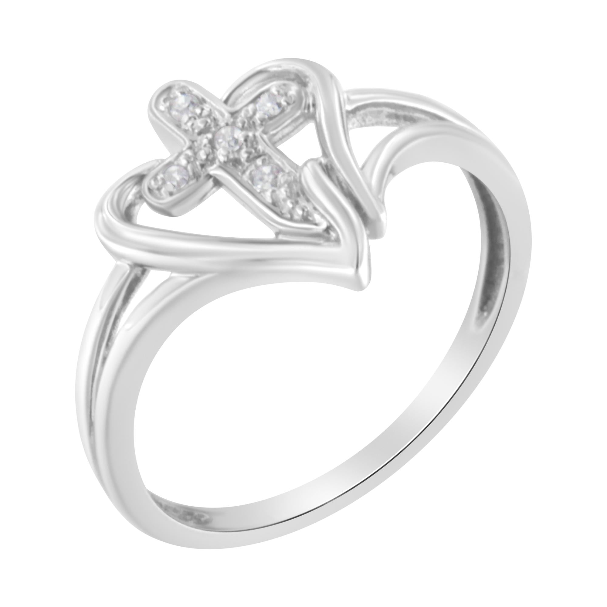 10K White Gold Diamond-Accented Cross & Open Heart Promise Fashion Ring (H-I Color, I1-I2 Clarity) - Friggin Jewelry