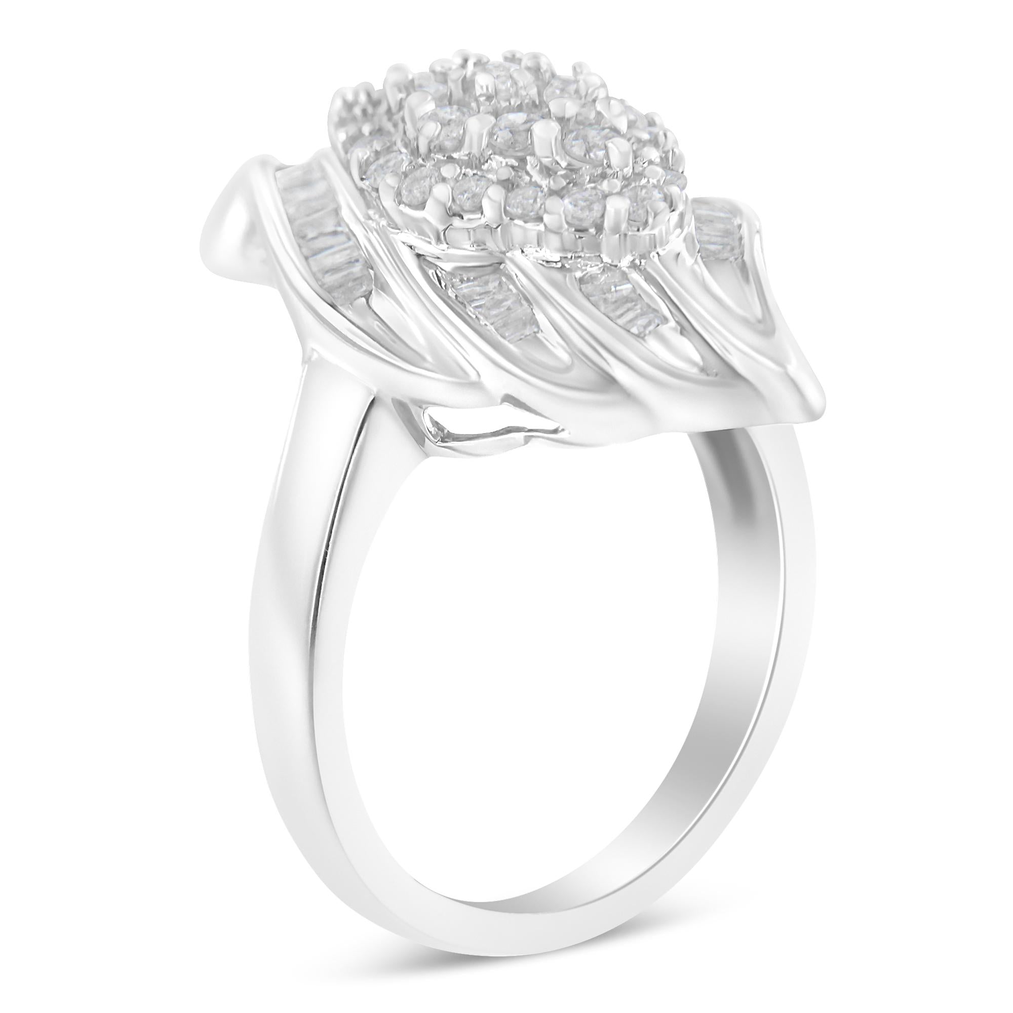 .925 Sterling Silver ¾ Cttw Round and Baguette Cut Diamond Stair-Stepped Cluster Waterfall Cocktail Ring (I-J Color, I2-I3 Clarity) - Friggin Jewelry