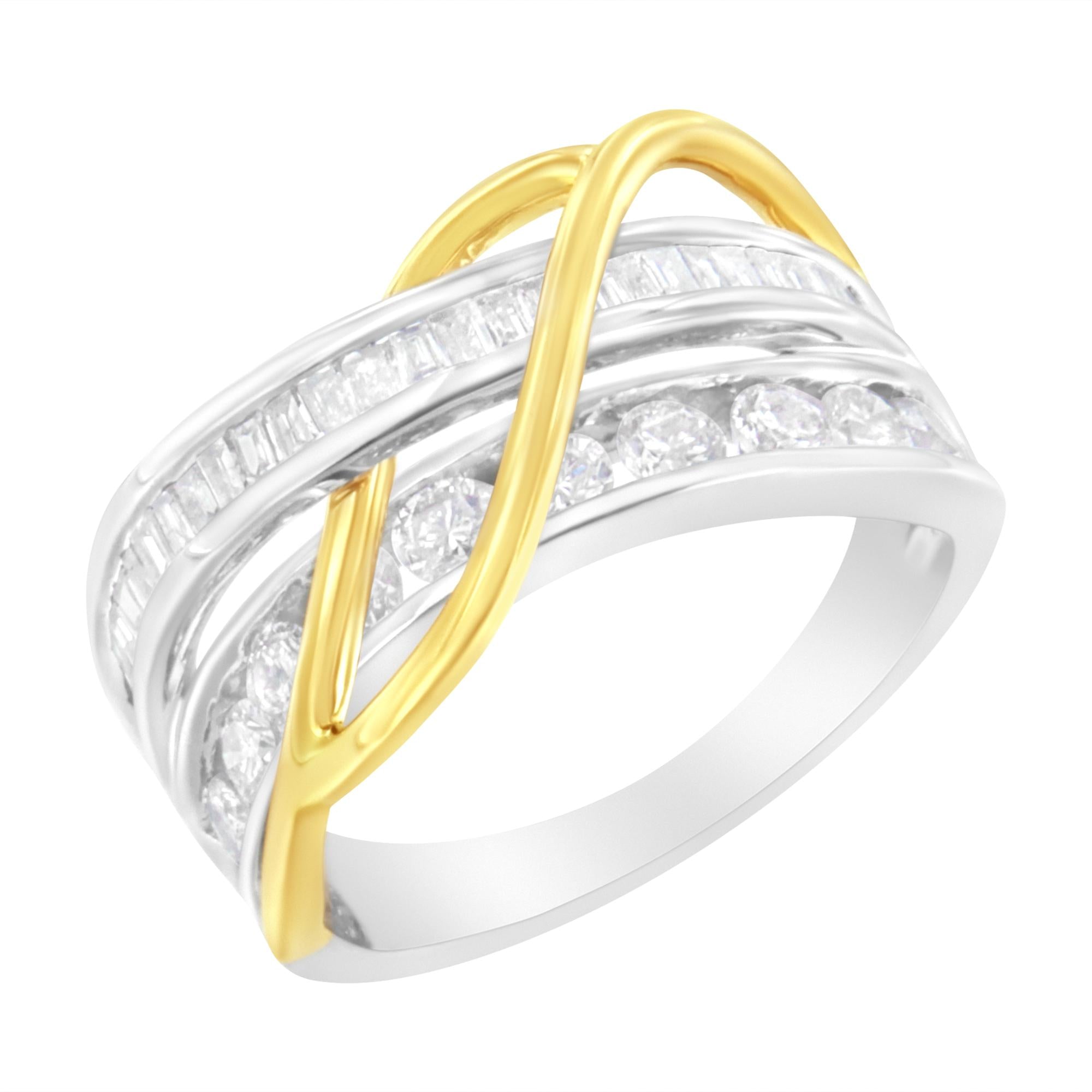 Anello a fascia bypass in oro bianco e giallo 10 carati con diamanti incastonati a canale da 1 1/10 ct (colore J, purezza I3) - Friggin Jewelry