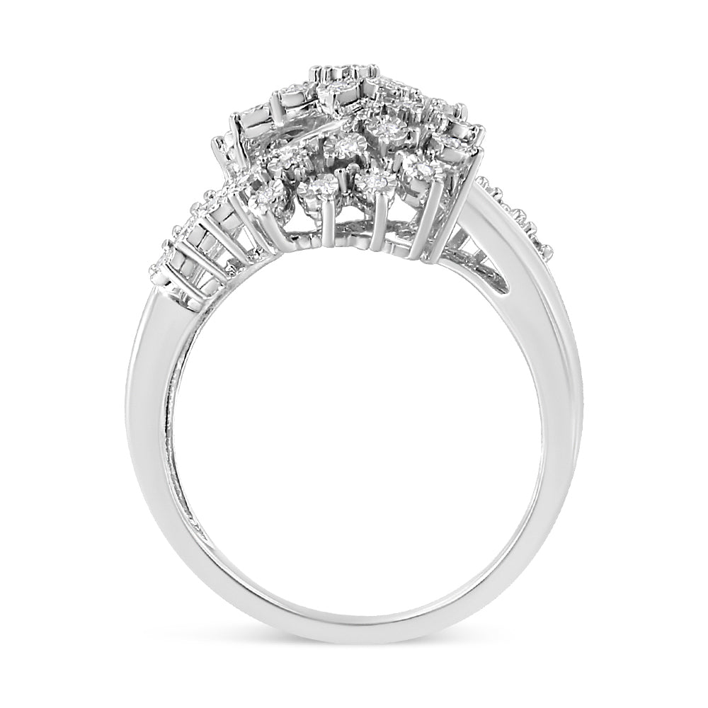 10K White Gold 1/2 Cttw Round and Baguette-Cut "S" Shaped Bypass Cocktail Ring (I-J Color, I1-I2 Clarity) - Friggin Jewelry