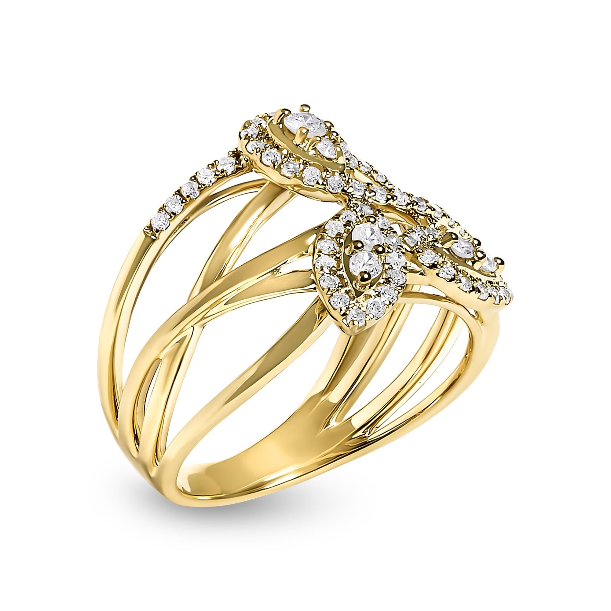 10K Yellow Gold 1/2 Cttw Diamond Crossover 3 Leaf Floral Cocktail Ring Band (H-I Color, SI1-SI2 Clarity) - Friggin Jewelry