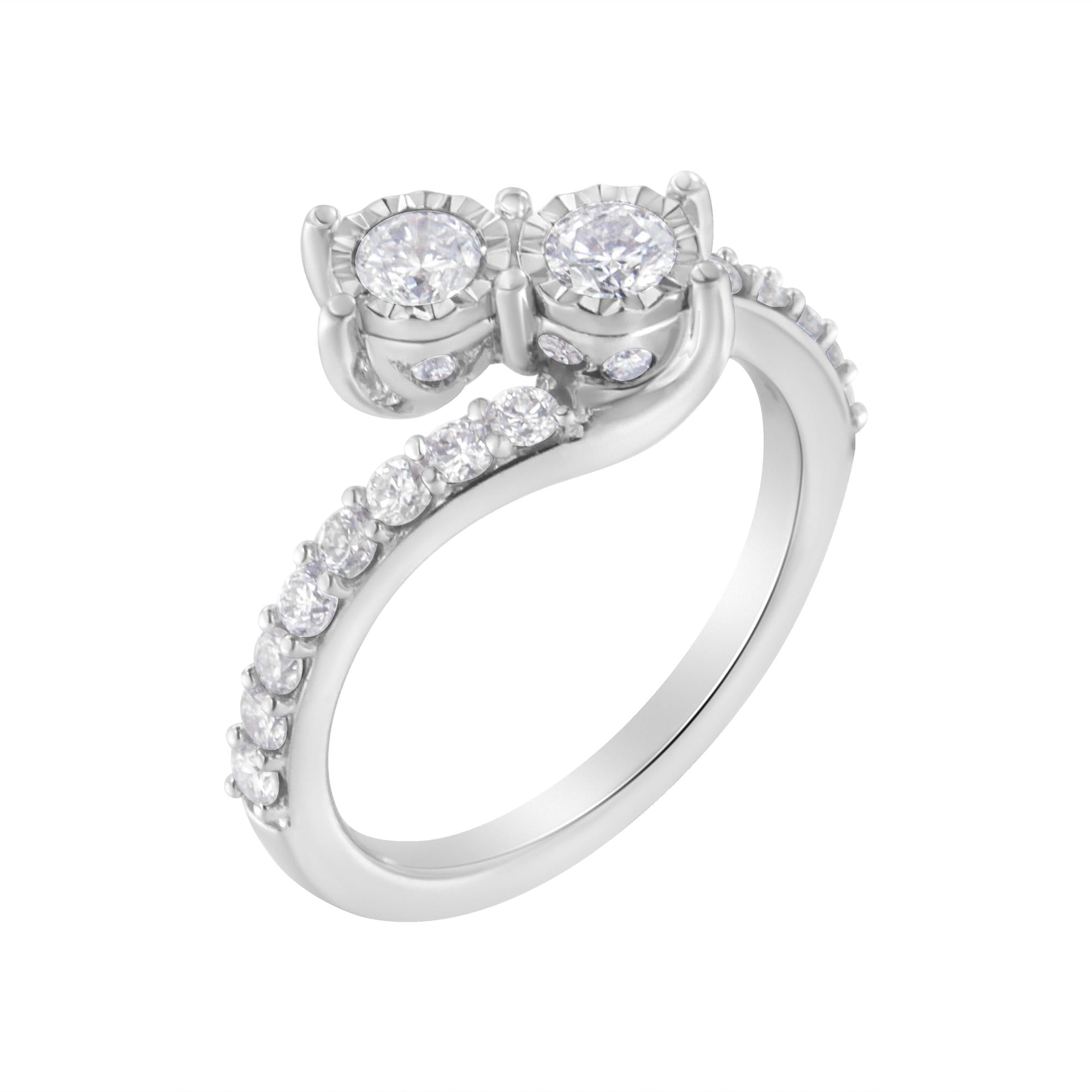10K White Gold Two-Stone Miracle-Set Diamond Bypass Ring (1 Cttw, H-I Color, I1-I2 Clarity) - Friggin Jewelry
