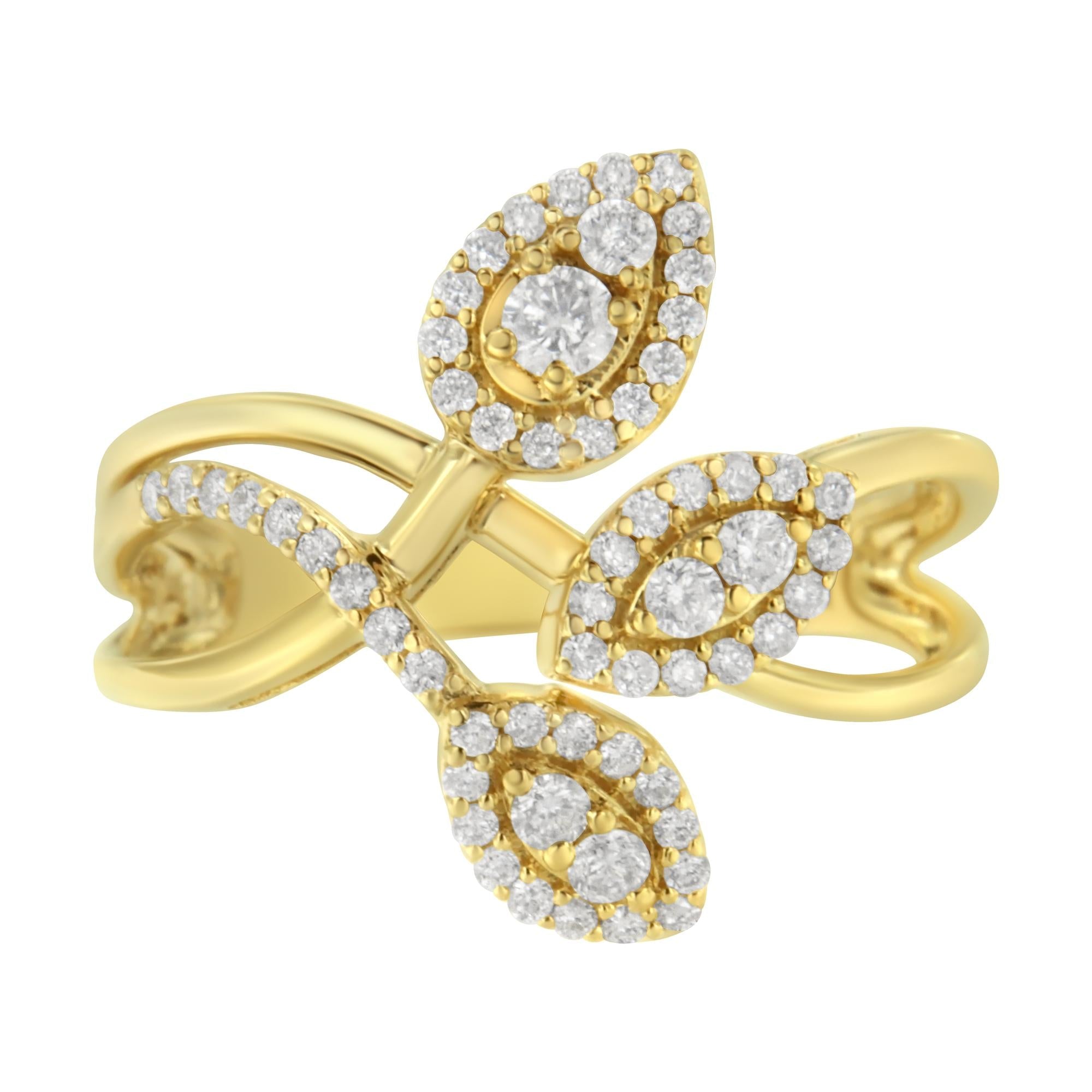 10K Yellow Gold 1/2 Cttw Round-Cut Diamond Layered Crossover Triple Leaf Bypass Ring (I-J Color, I1-I2 Clarity) - Friggin Jewelry