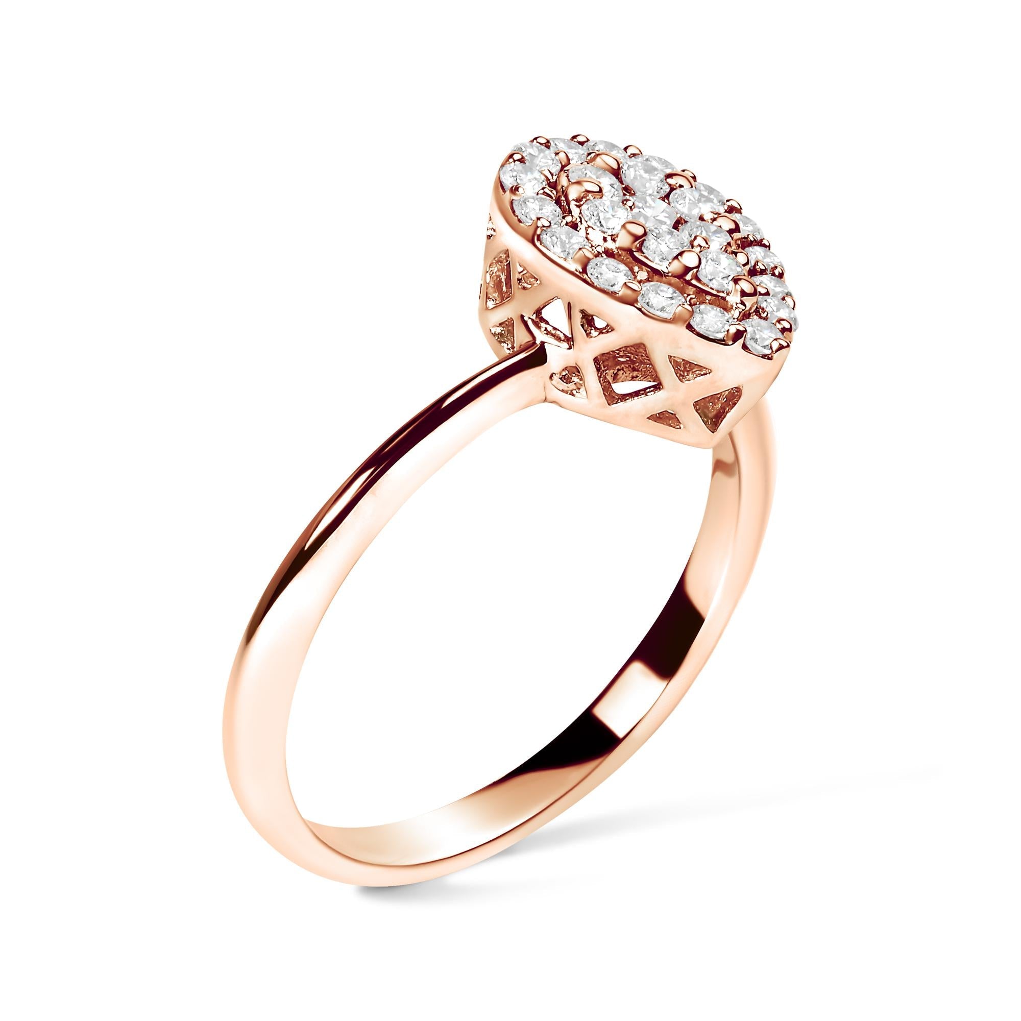 Anello con promessa Halo in oro rosa 10 carati con diamanti compositi da 3/8 carati a forma di pera (colore IJ, purezza I2-I3) - Friggin Jewelry