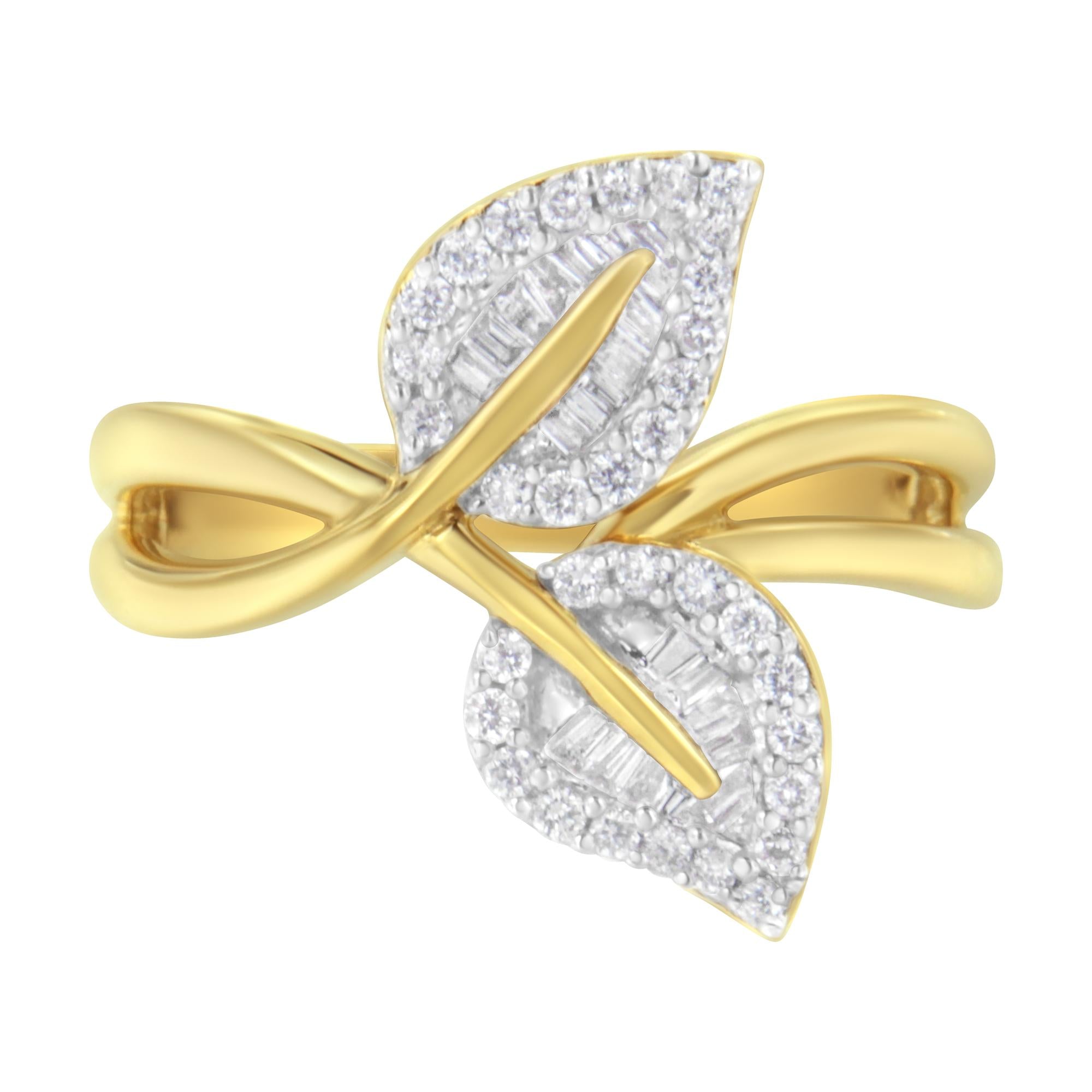 10K Yellow Gold 3/8 Cttw Round and Baguette-Cut Diamond Leaf Cocktail Ring (I-J Color, I1-I2 Clarity) - Friggin Jewelry