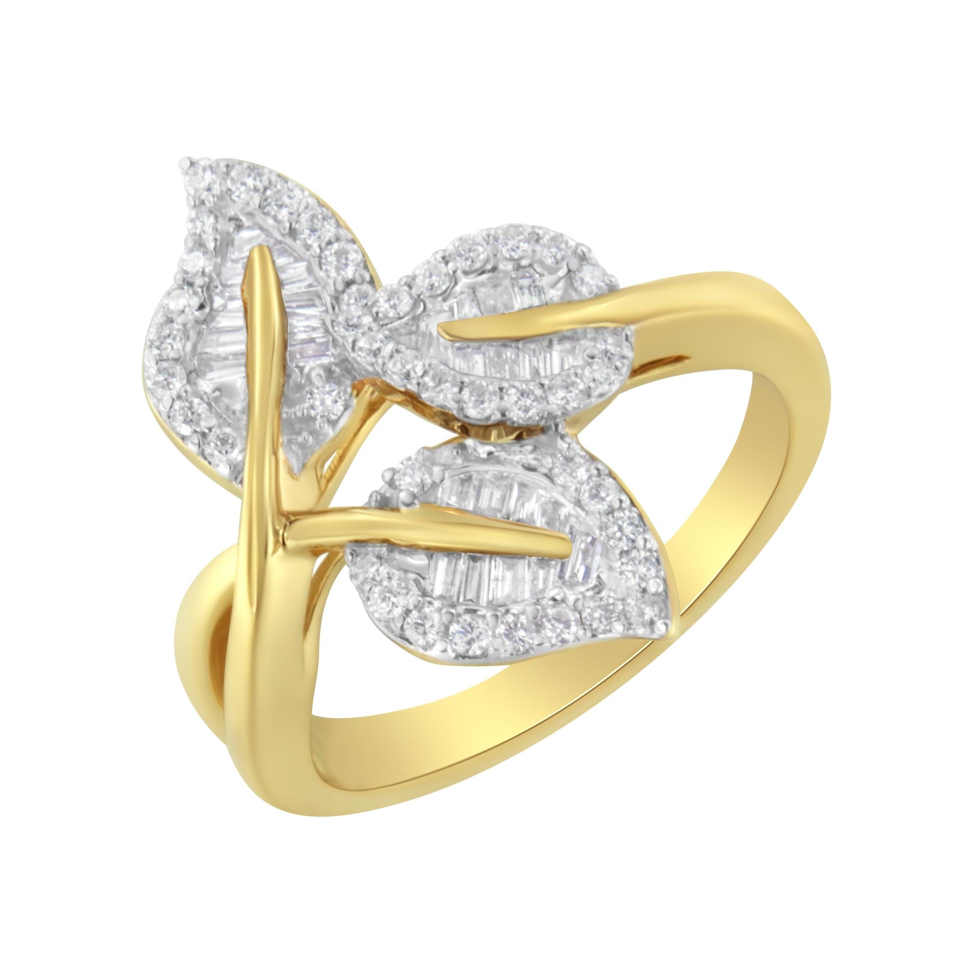 10k Yellow and White Gold 1/2 Cttw Baguette and Round Diamond Bypass Triple Leaf Ring (I-J Color, I1-I2 Clarity) - Friggin Jewelry
