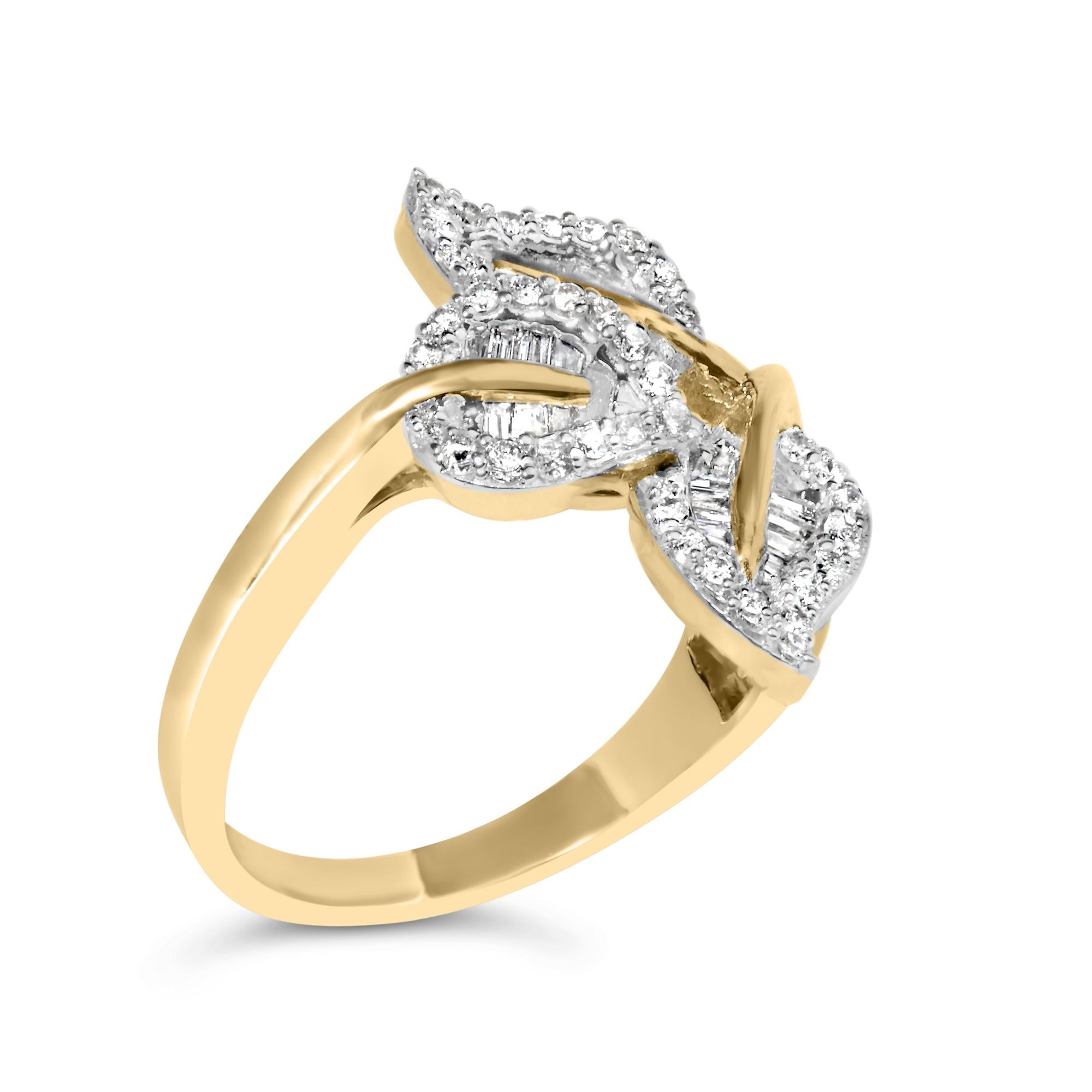 18K Yellow Gold Plated .925 Sterling Silver 1/2 Cttw Baguette and Round Diamond Bypass Triple Leaf Ring (I-J Color, I1-I2 Clarity) - Friggin Jewelry