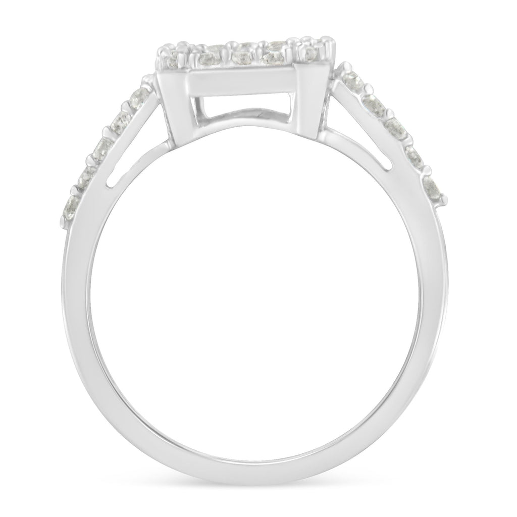 .925 Sterling Silver 1.0 Cttw Diamond Emerald-Shaped Cluster with Halo Cathedral Style Cocktail Ring (I-J Color, I3 Clarity) - Friggin Jewelry
