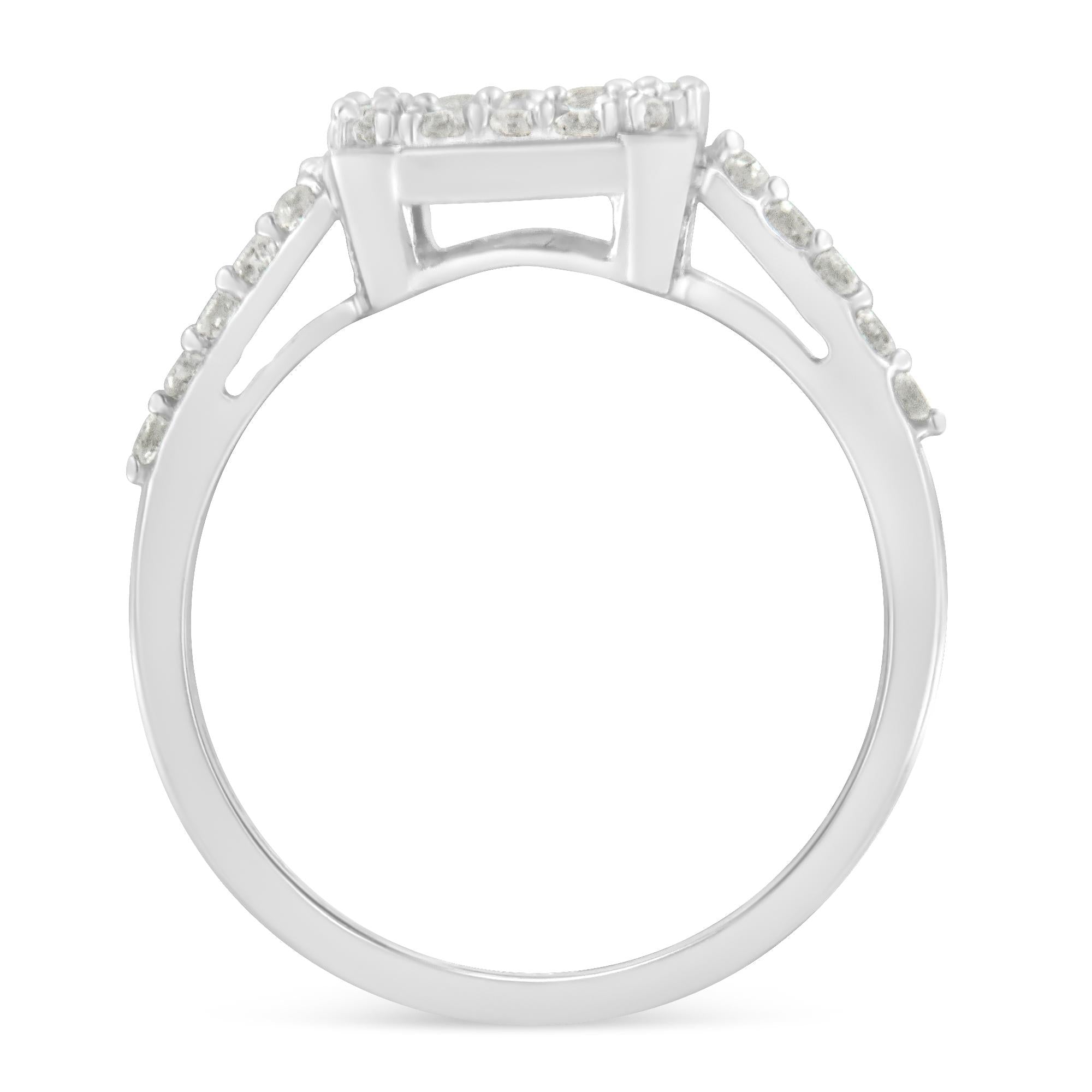 .925 Sterling Silver 1.0 Cttw Diamond Emerald-Shaped Cluster with Halo Cathedral Style Cocktail Ring (I-J Color, I3 Clarity) - Friggin Jewelry