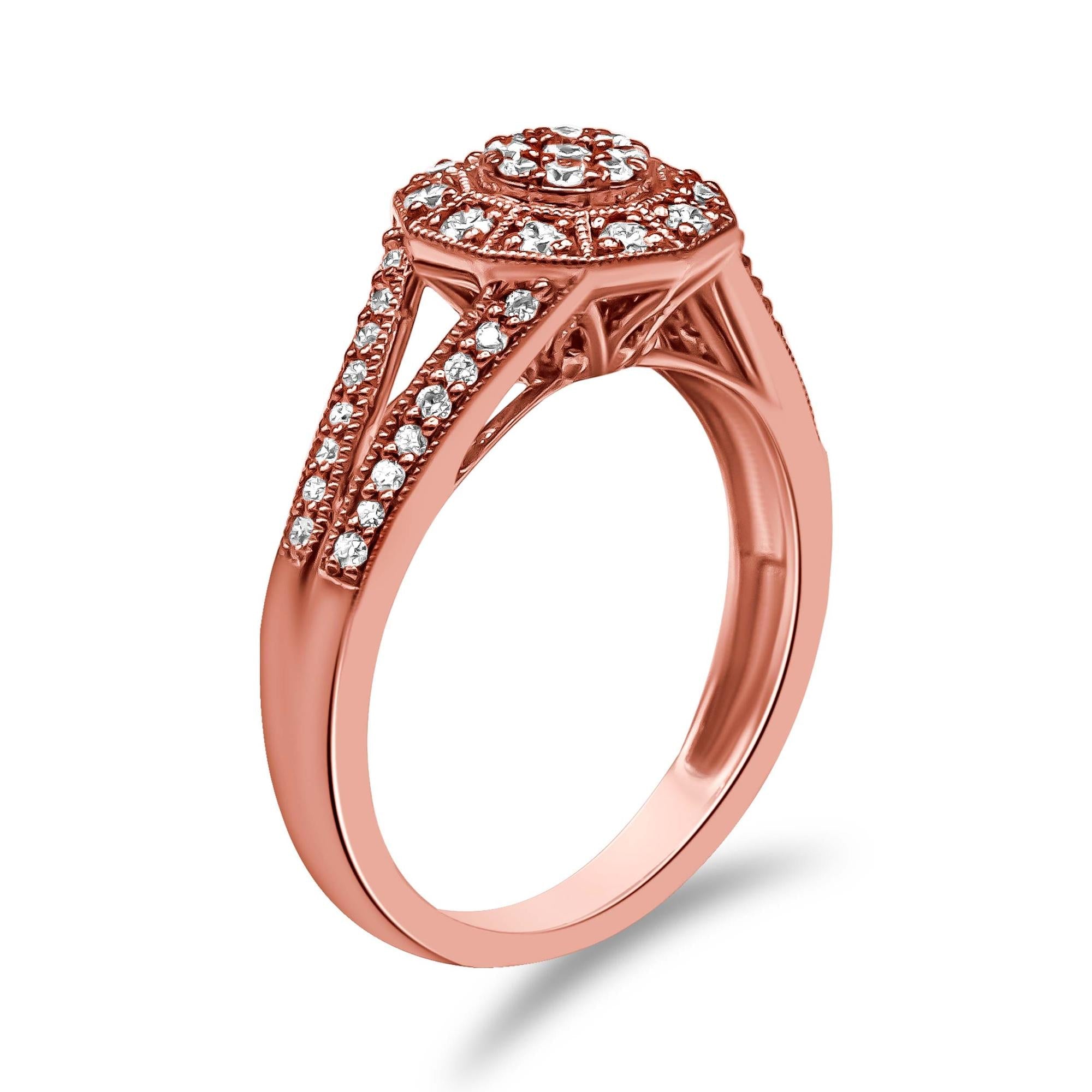 14K Rose Gold Plated .925 Sterling Silver 1/2 Cttw Pave Diamond Halo Cluster Split Shank Cocktail Ring (I-J Color, I1-I2 Clarity) - Friggin Jewelry