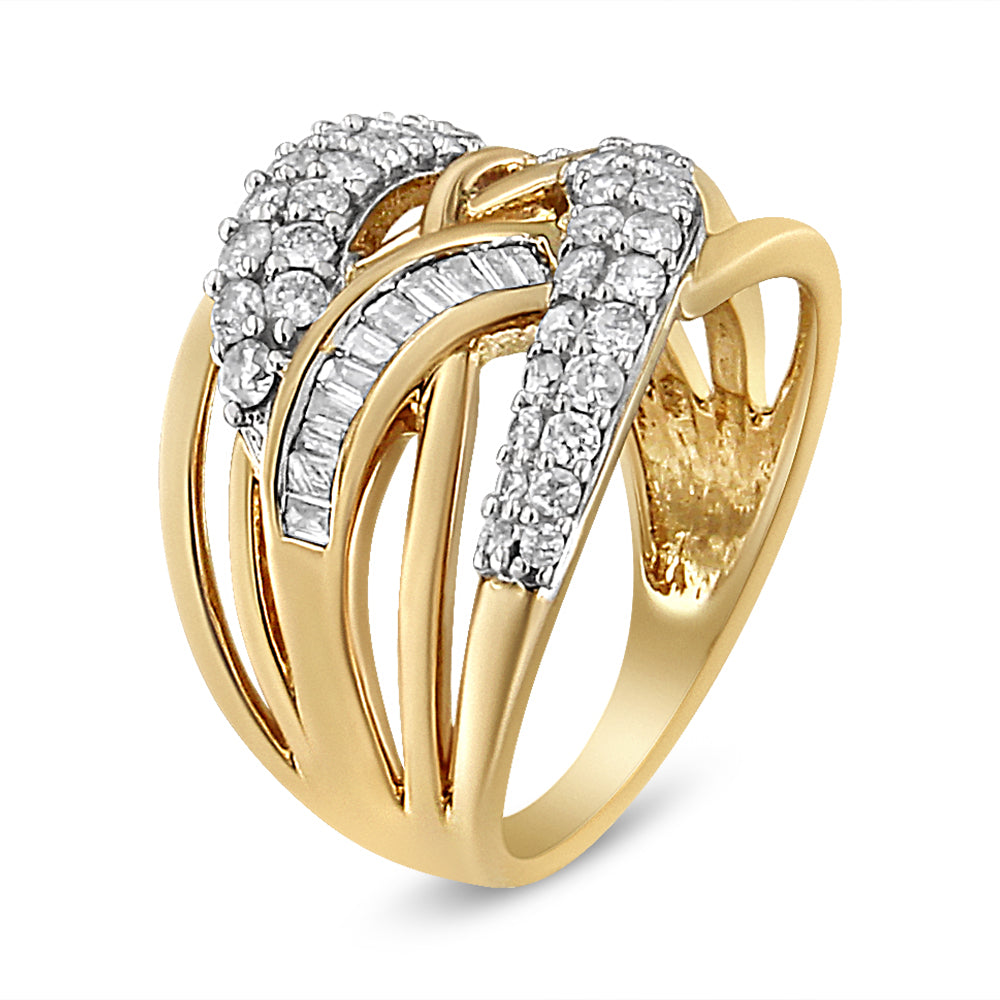 10K Yellow and White Gold 1.0 Cttw Round and Baguette-Cut Diamond Multirow Interwoven Cocktail Ring (I-J Color, I2-I3 Quality) - Friggin Jewelry