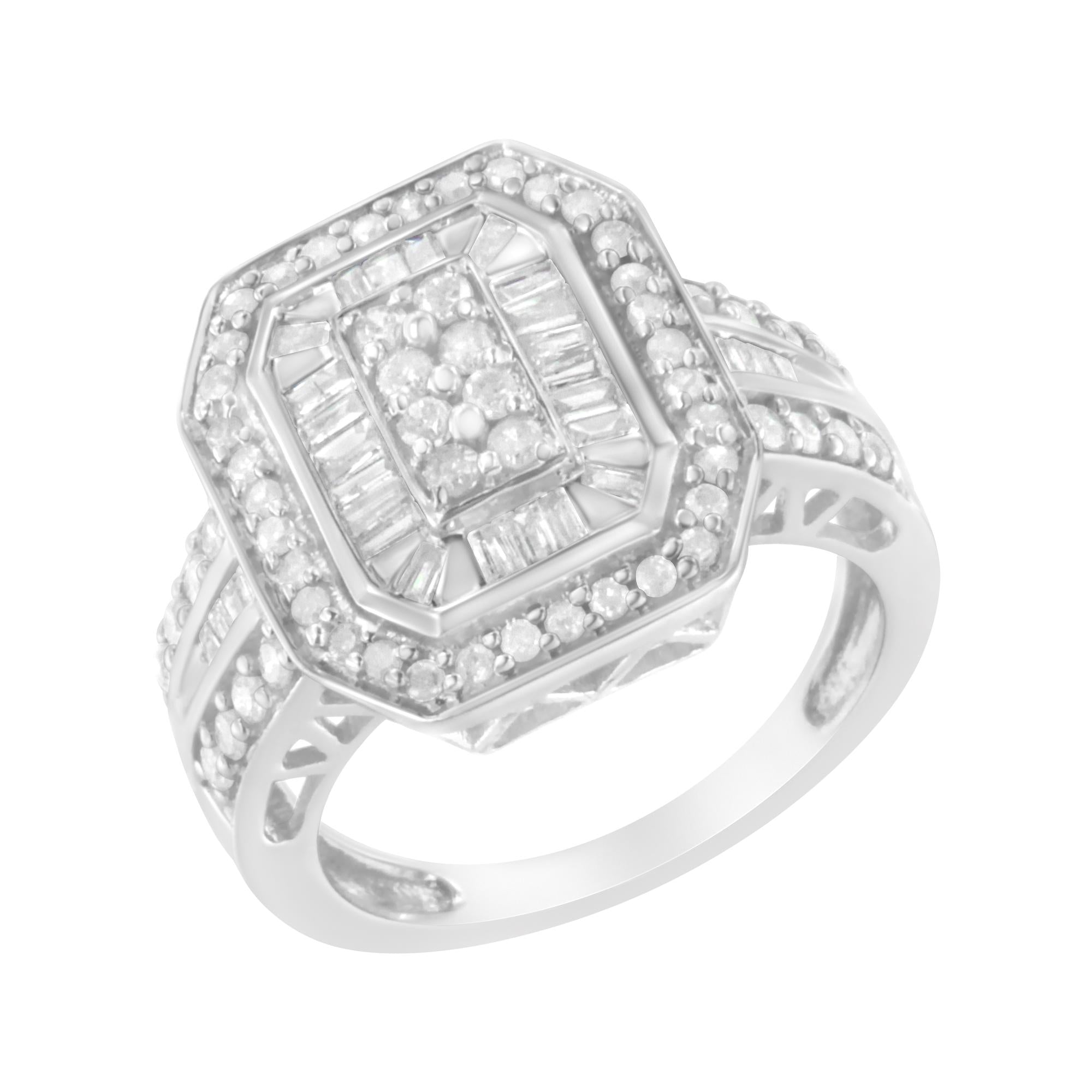 Anello cattedrale in argento sterling 925 con diamanti taglio baguette e taglio rotondo (0,75 ct, colore HI, purezza I2-I3) - Friggin Jewelry