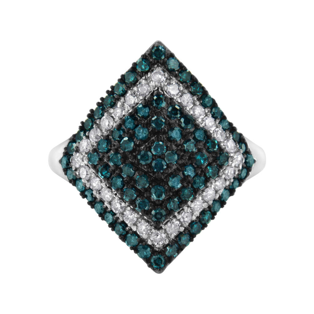 .925 Sterling Silver 1 cttw White and Treated Blue Diamond Rhombus Cocktail Ring (Blue, I3) - Friggin Jewelry