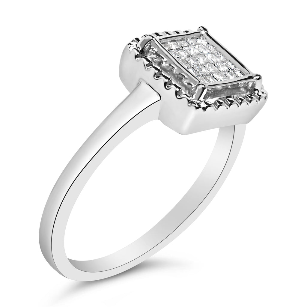 .925 Sterling Silver 1/5 Cttw Invisible Set Princess Cut Diamond Promise Ring with Beaded Halo (H-I Color, I1-I2 Clarity) - Friggin Jewelry