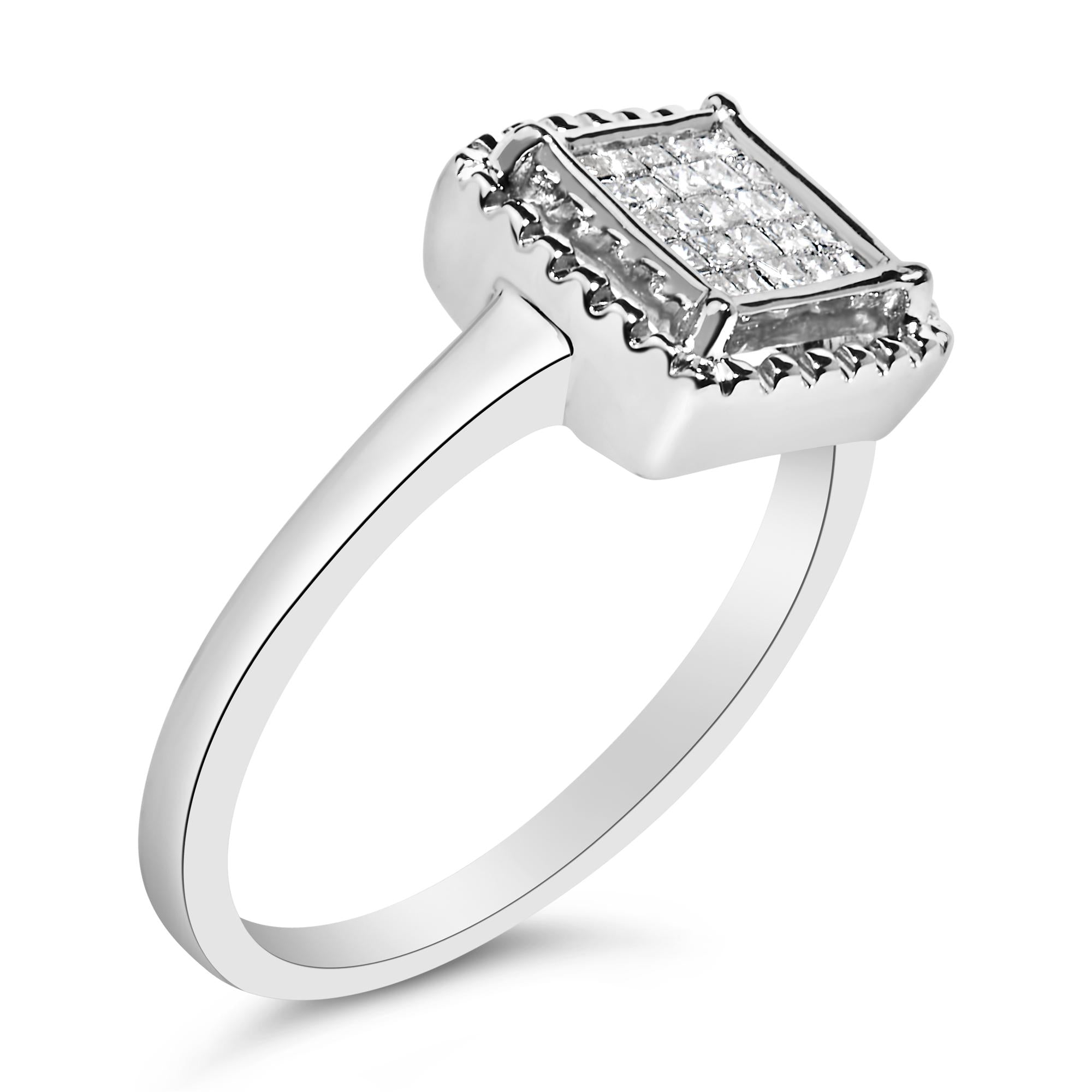 .925 Sterling Silver 1/5 Cttw Invisible Set Princess Cut Diamond Promise Ring with Beaded Halo (H-I Color, I1-I2 Clarity) - Friggin Jewelry