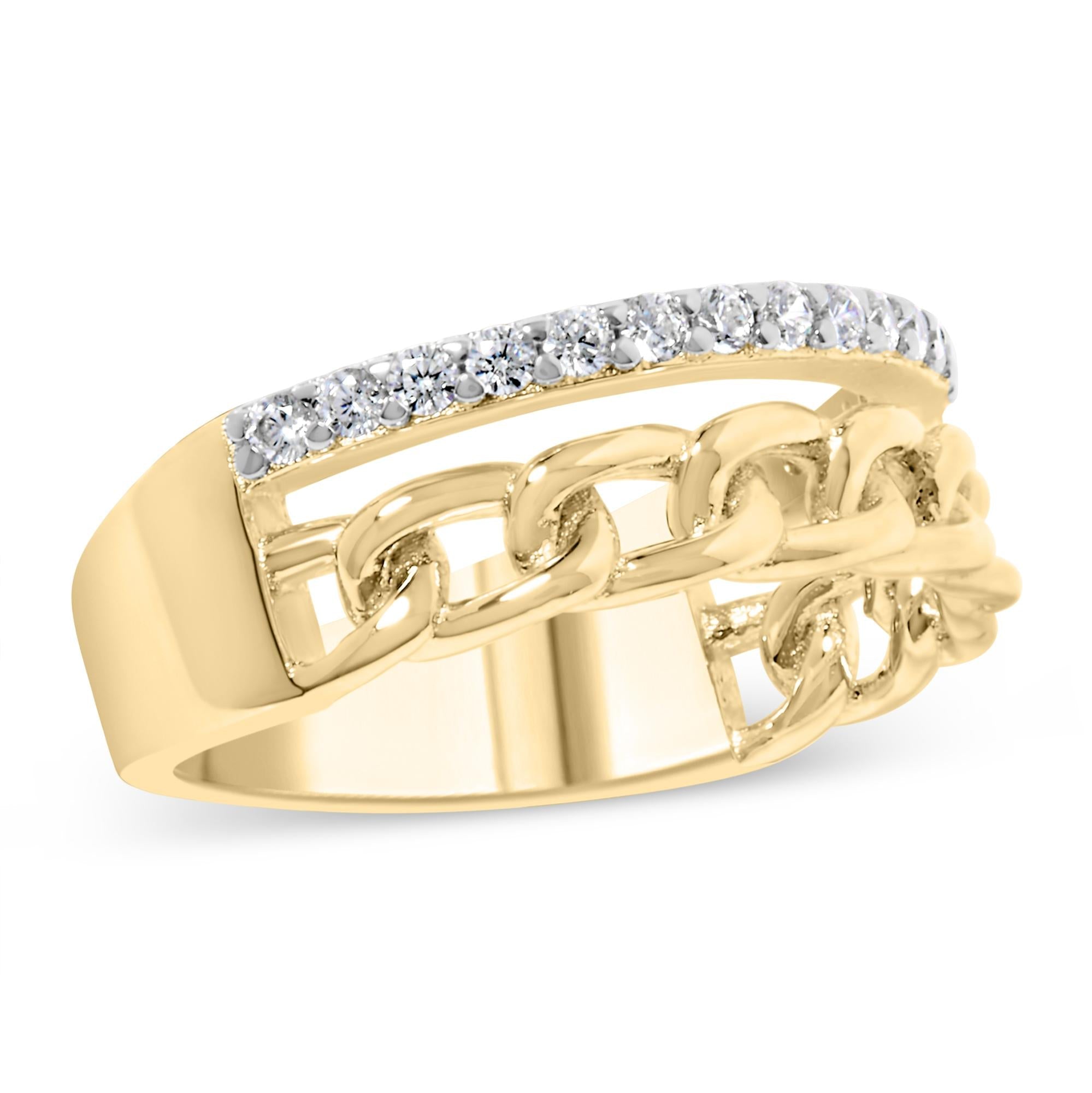 10K Yellow Gold 1/5 Cttw Diamond Cuban Link Ring Band (I-J Color, I2-I3 Clarity) - Friggin Jewelry