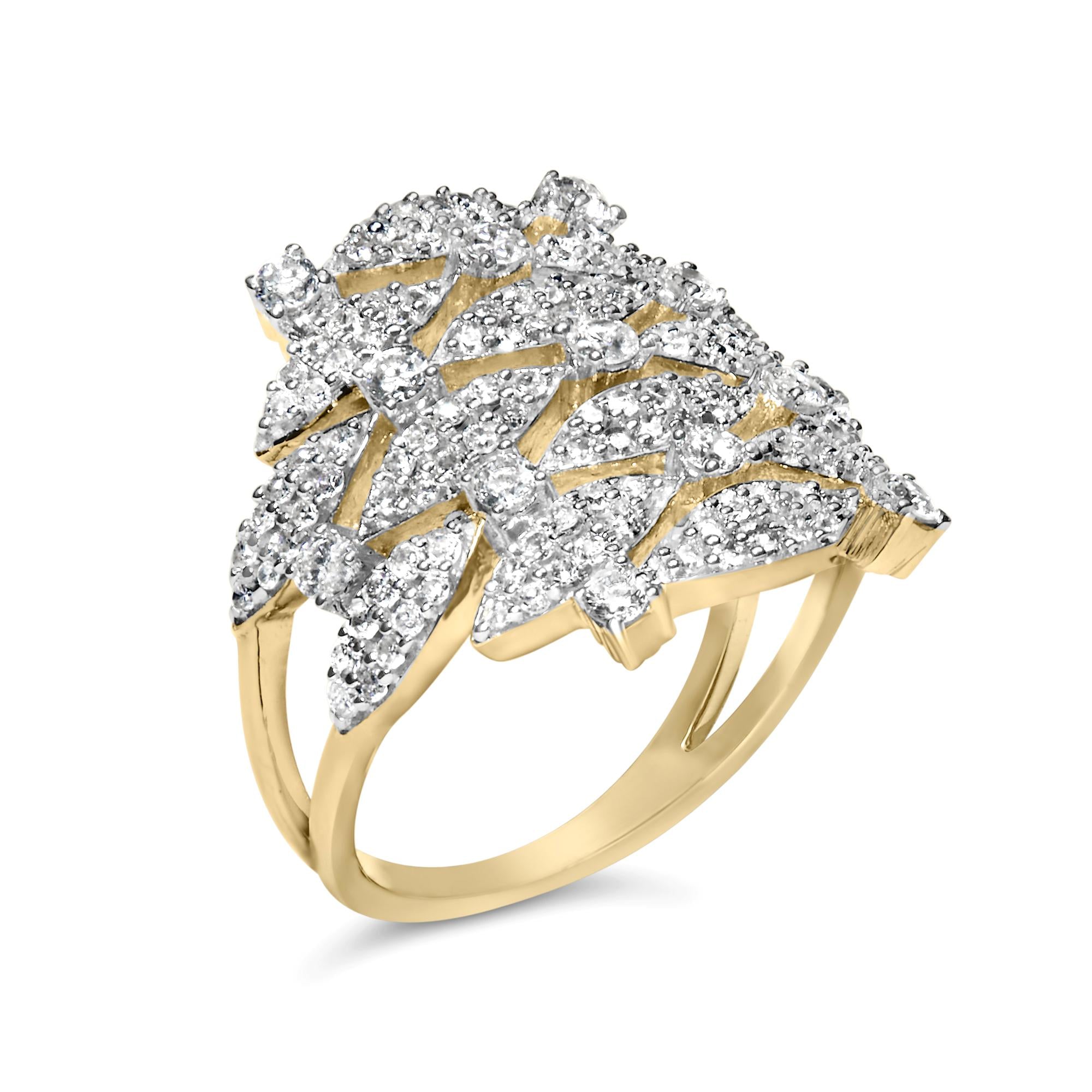 14K Yellow Gold 1.0 Cttw Diamond Geometric Stacked Open Cocktail Ring (I-J Color, I1-I2 Clarity) - Friggin Jewelry Premium