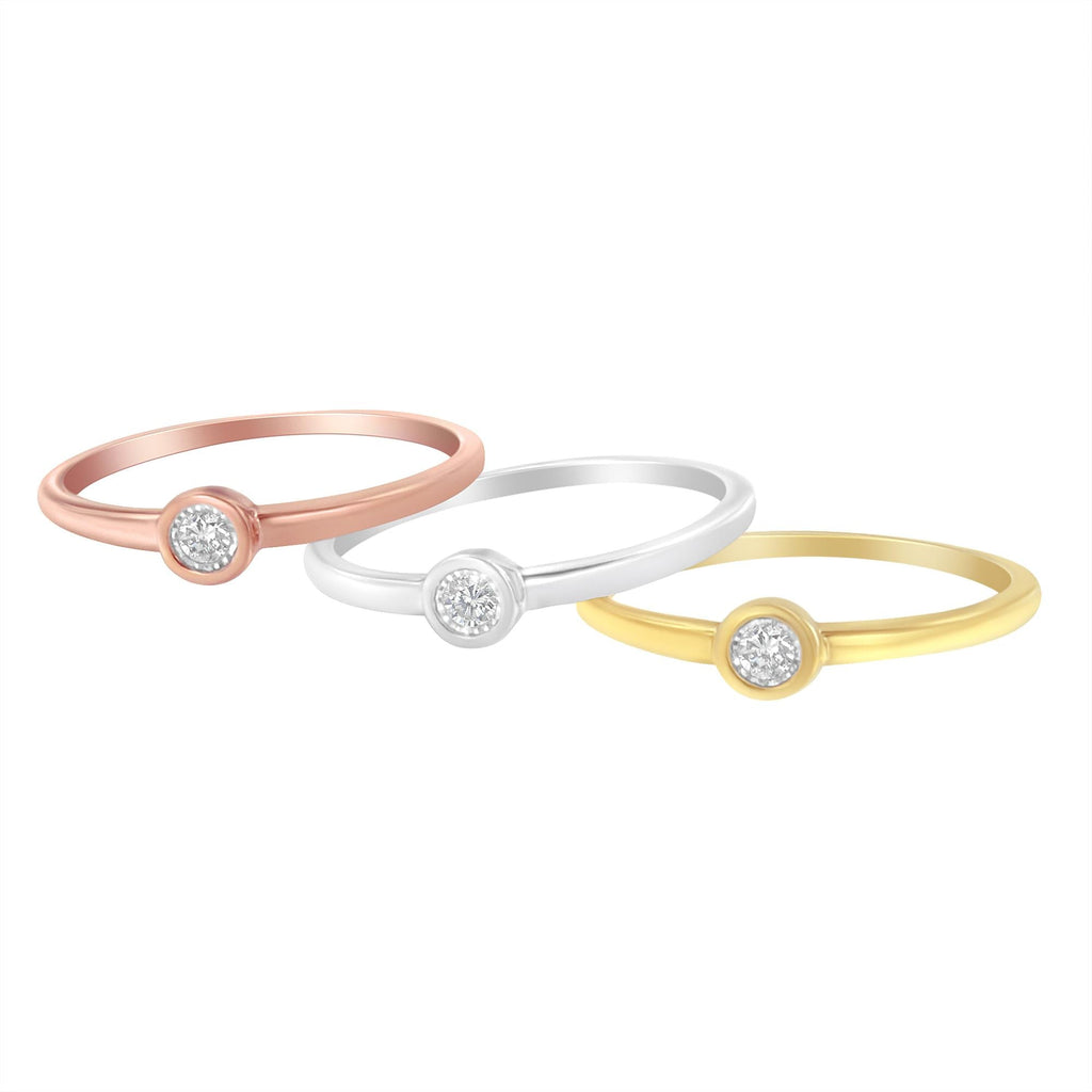 Tri-Color 14K Gold Plated .925 Sterling Silver 1/6 Cttw Round Miracle-Set Diamond Stacking Promise Ring Set (J-K Color, I1-I2 Clarity) - Friggin Jewelry