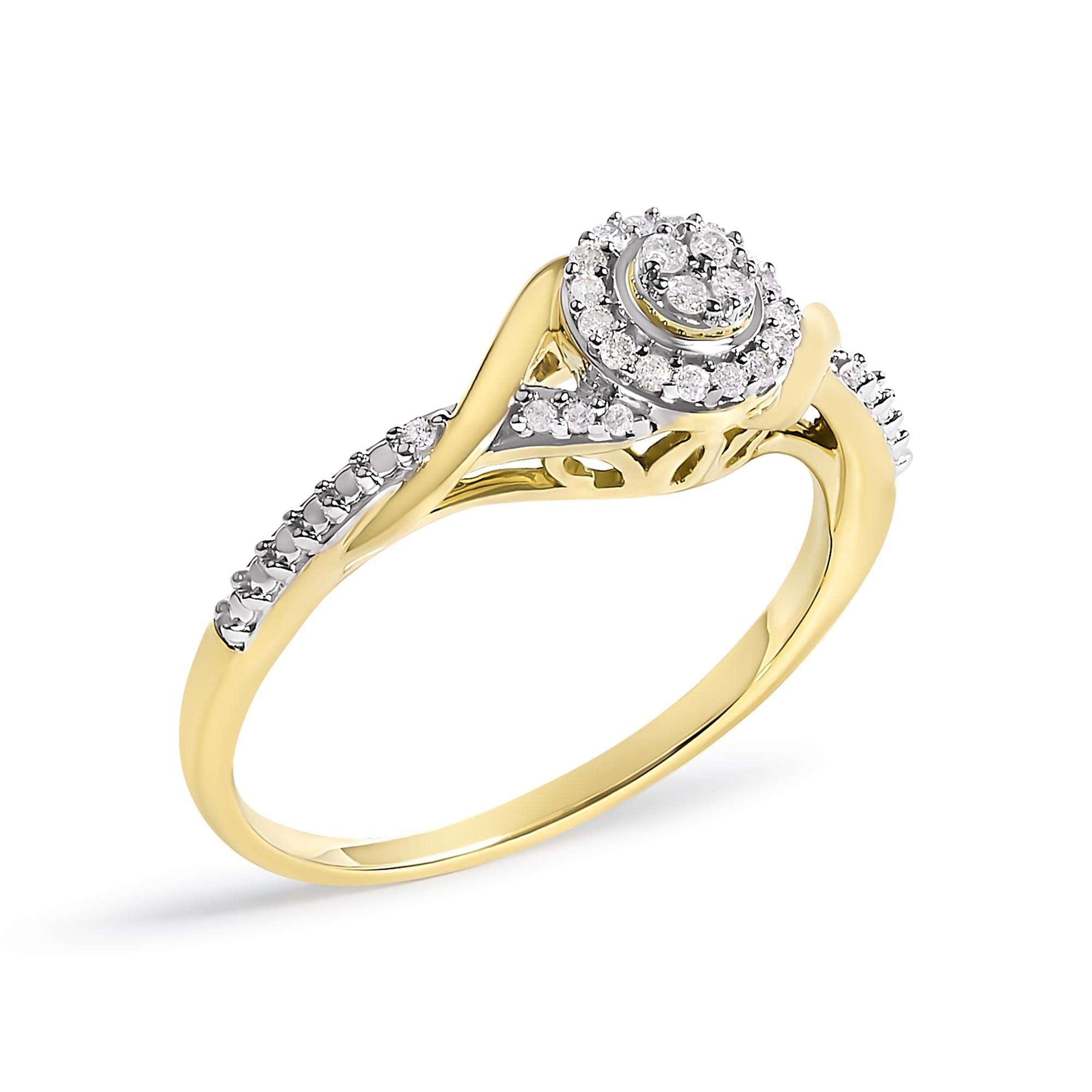 10K Yellow Gold 1/10 Cttw Diamond Swirl and Halo Promise Ring - Friggin Jewelry