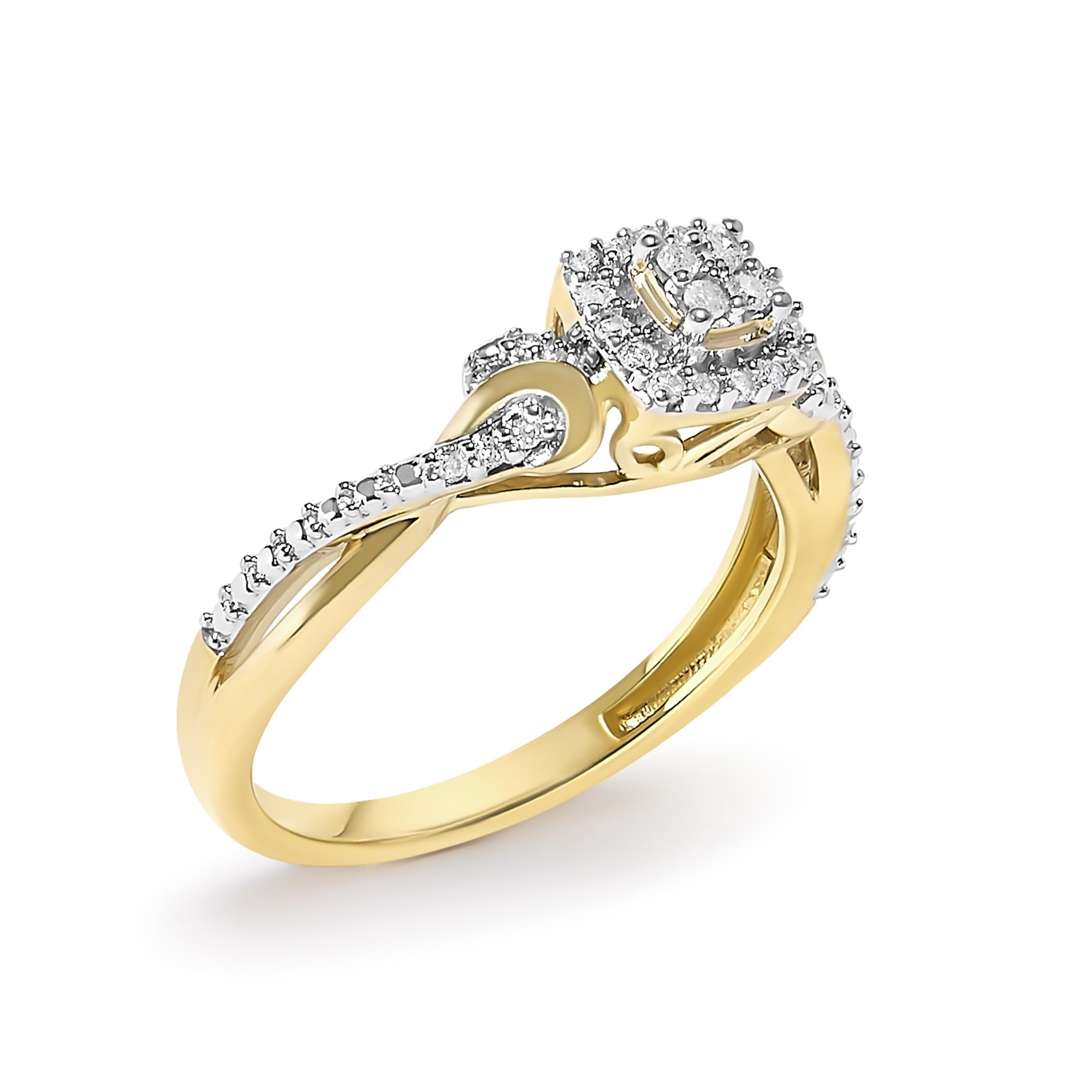 10K Yellow Gold Twisted Shank 1/10 Cttw Diamond Composite Halo Engagement Ring - Friggin Jewelry
