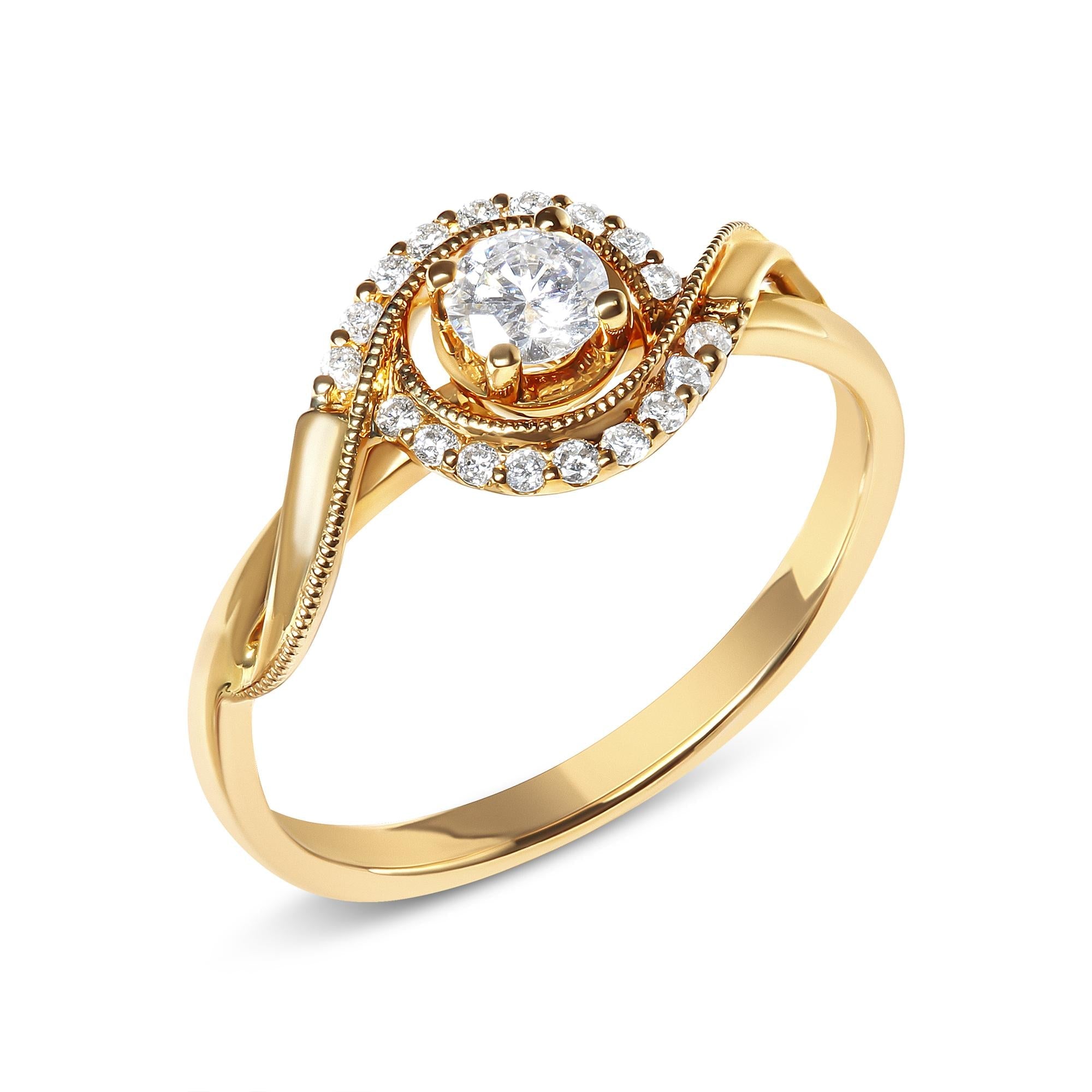 14K Yellow Gold 1/3 Cttw Diamond Solitaire and Halo Swirl Engagement Ring (G-H Color, VS2-SI1 Clarity)- Size 7 - Friggin Jewelry Premium