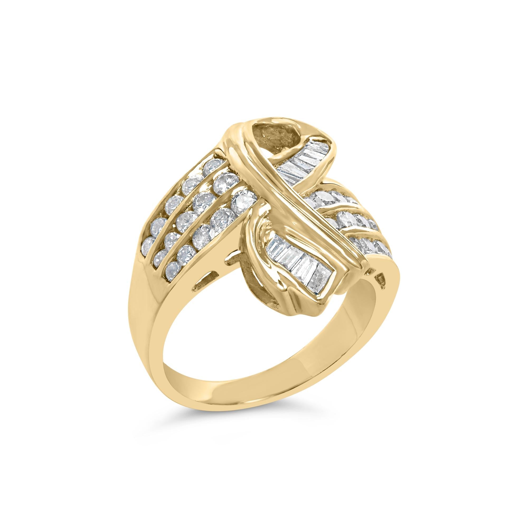 14K Yellow Gold 1 1/3 Cttw Channel Set Diamond Bypass Cocktail Ring (J-K Color, I1-I2 Clarity) - Ring Size 7 - Friggin Jewelry
