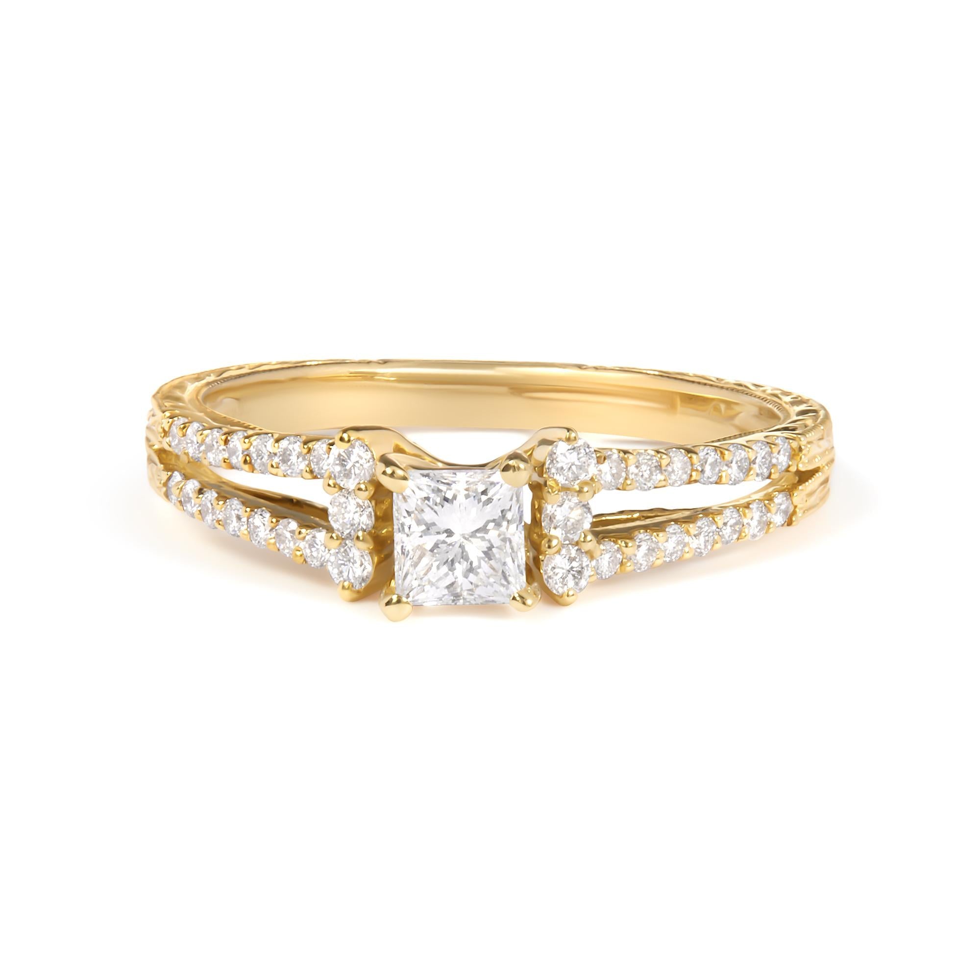 14K Yellow Gold Diamond 5/8 Cttw Princess Diamond Split Shank and Milgrain Engagement Ring (G-H Color, VS2-SI1 Clarity) - Size 7 - Friggin Jewelry Premium