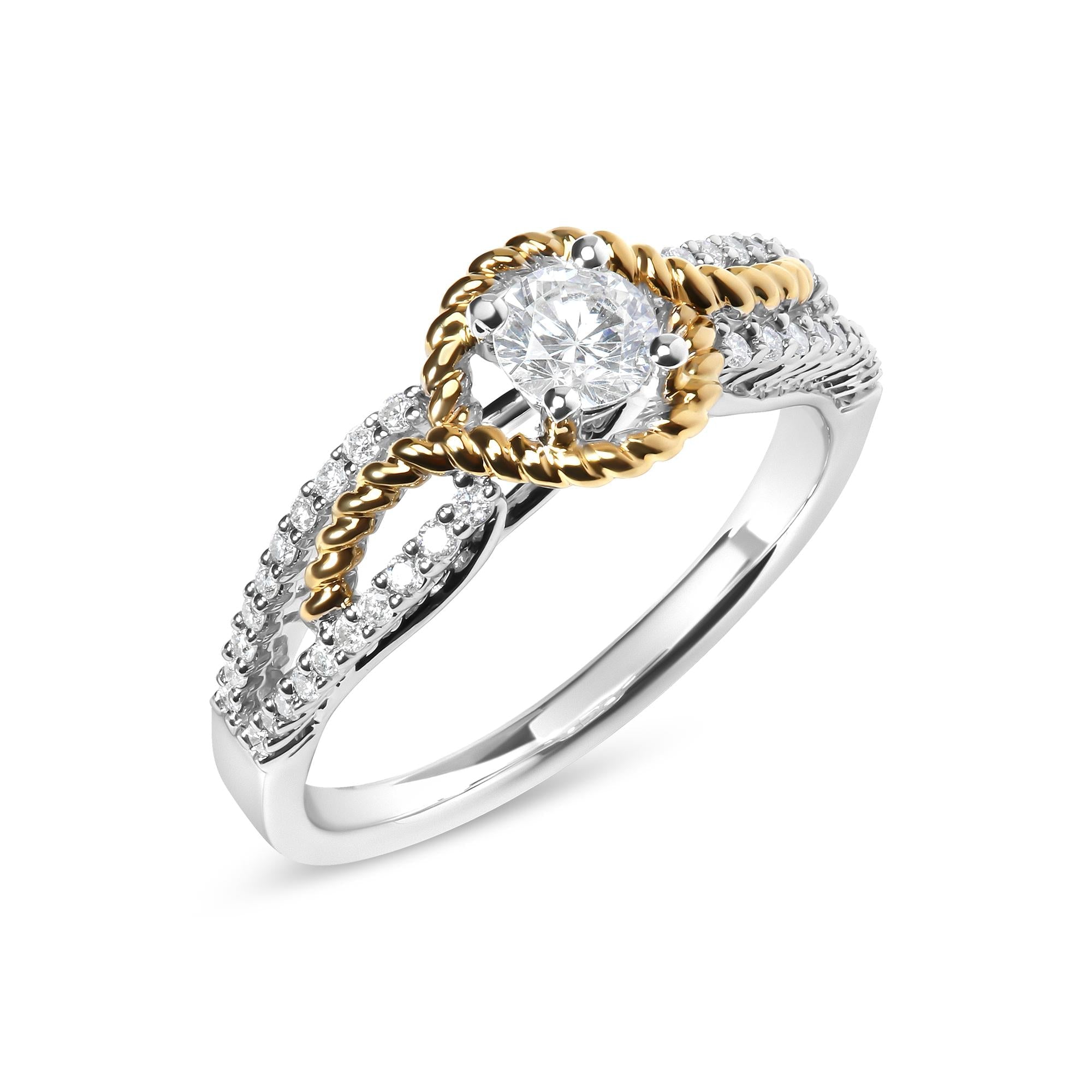 14K Two-Toned Gold Diamond 3/8 Cttw Diamond Split Shank and Beaded Halo Engagement Ring (G-H Color, VS2-SI1 Clarity) - Size 7 - Friggin Jewelry Premium