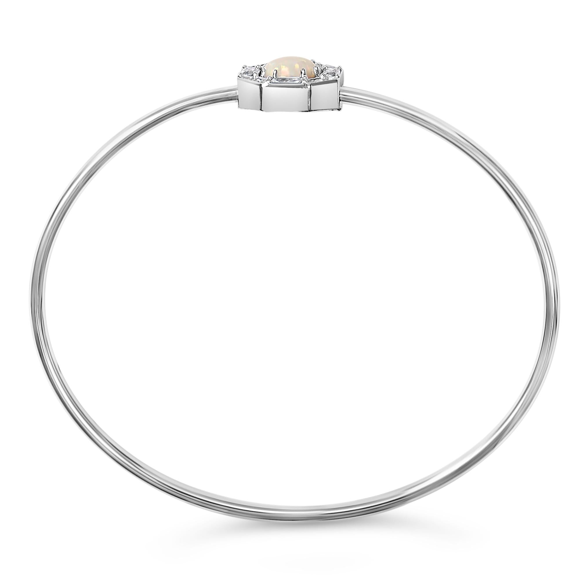 .925 Sterling Silver 7X7MM Created Opal and White Sapphire Halo Bangle Bracelet - 7 Inches - Friggin Jewelry