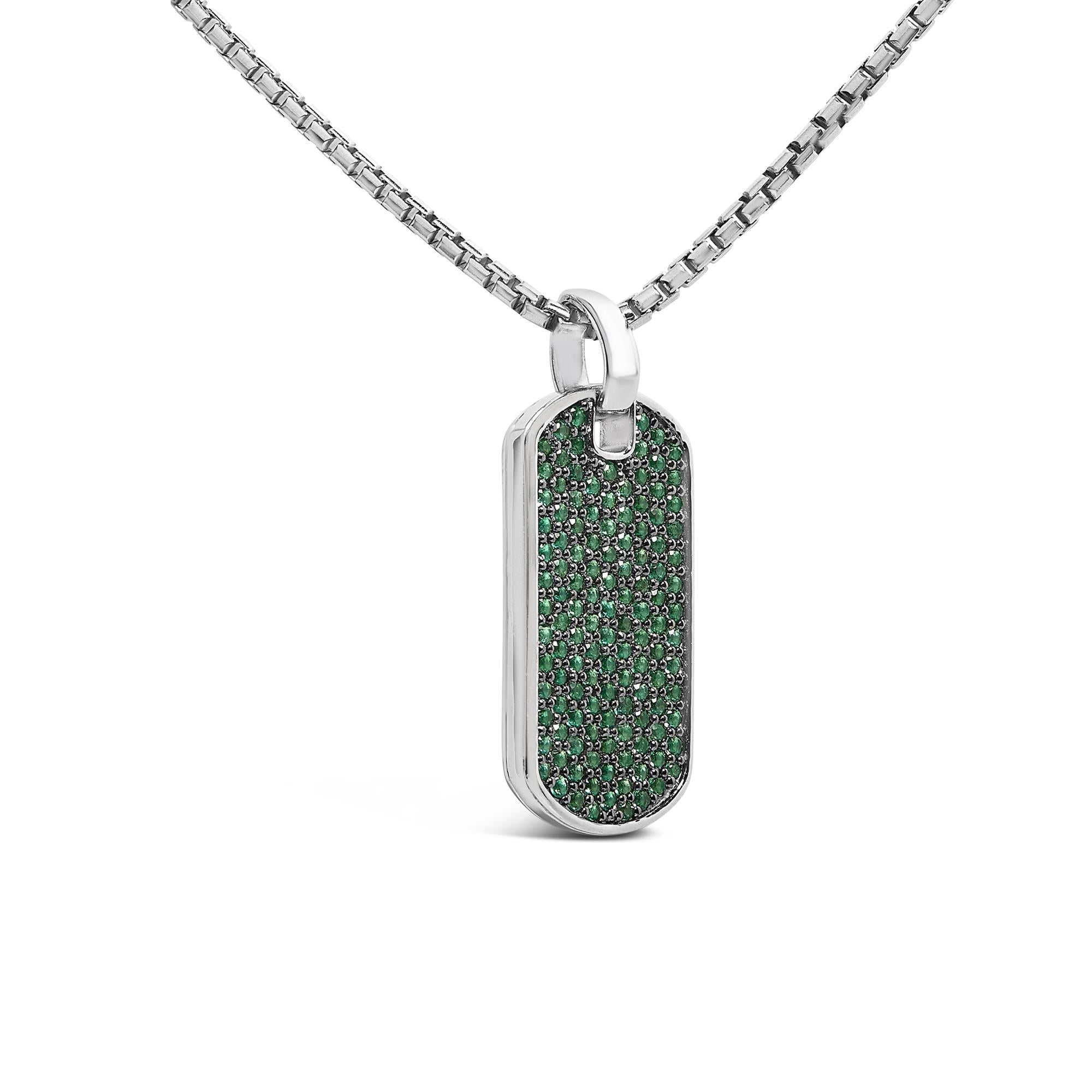 Men's .925 Sterling Silver Created Green Emerald Dog Tag Pendant Necklace - 22" Inches - Friggin Jewelry