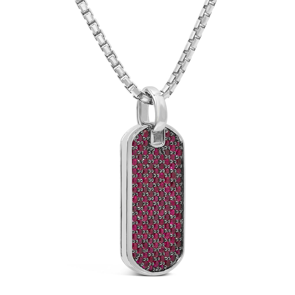 Collana con ciondolo a forma di targhetta per cani in argento sterling 925 con rubino rosso creato da uomo - 22 pollici - Friggin Jewelry