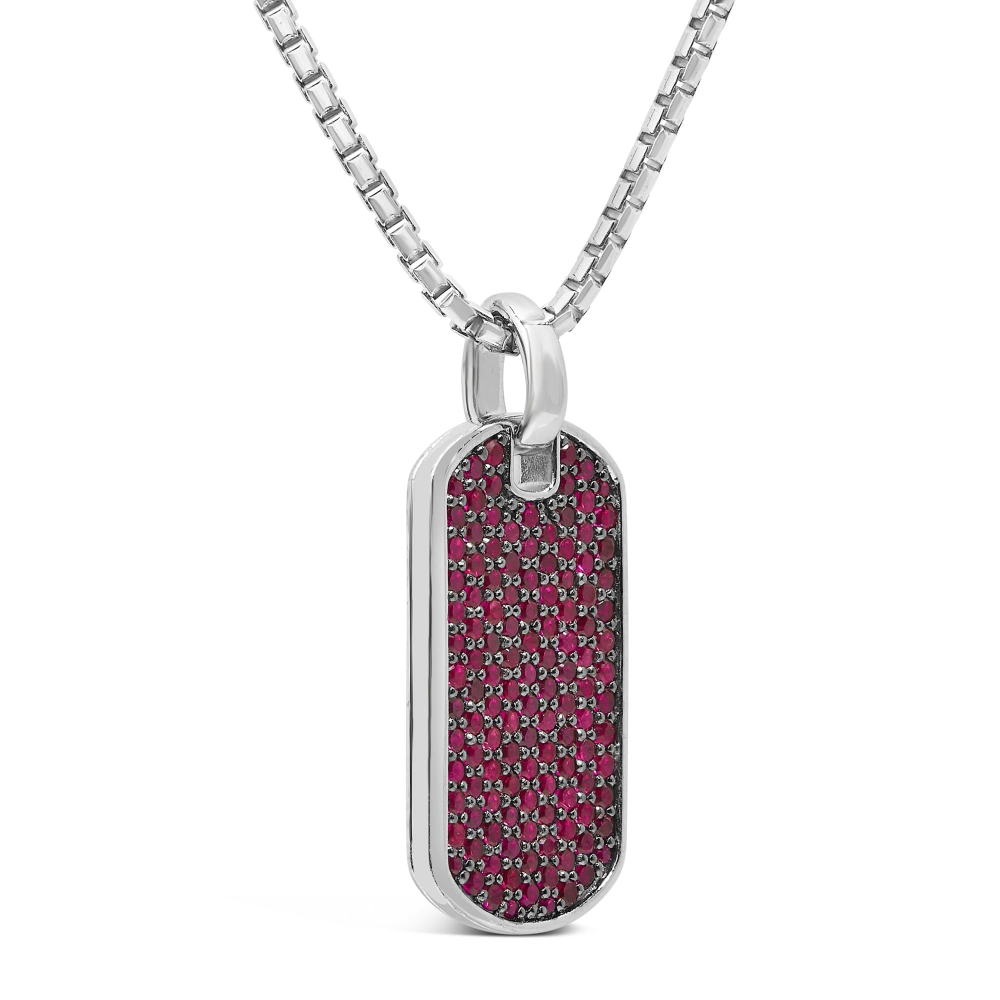 Men's .925 Sterling Silver Created Red Ruby Dog Tag Pendant Necklace - 22" Inches - Friggin Jewelry