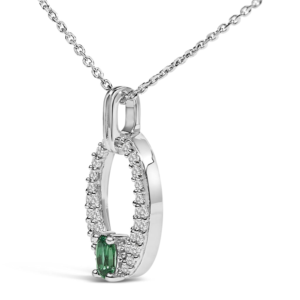 .925 Sterling Silver Created Green Emerald and White Sapphire Oval Shaped Pendant Necklace - 18" Inches - Friggin Jewelry