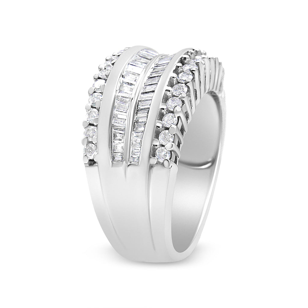 Anello moderno in oro bianco 14 carati con diamanti taglio baguette e taglio rotondo da 1,00 ct (colore HI, purezza SI2-I1) - Friggin Jewelry