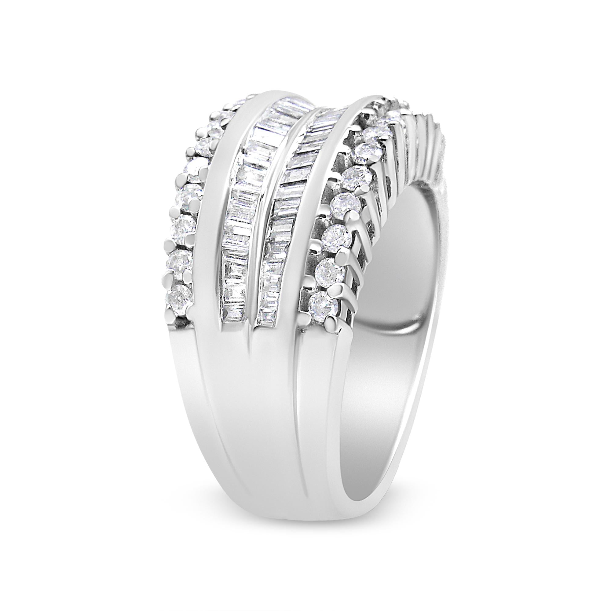 14K White Gold 1.00 Cttw Round and Baguette-Cut Diamond Modern Band Ring (H-I Color, SI2-I1 Clarity) - Friggin Jewelry Premium