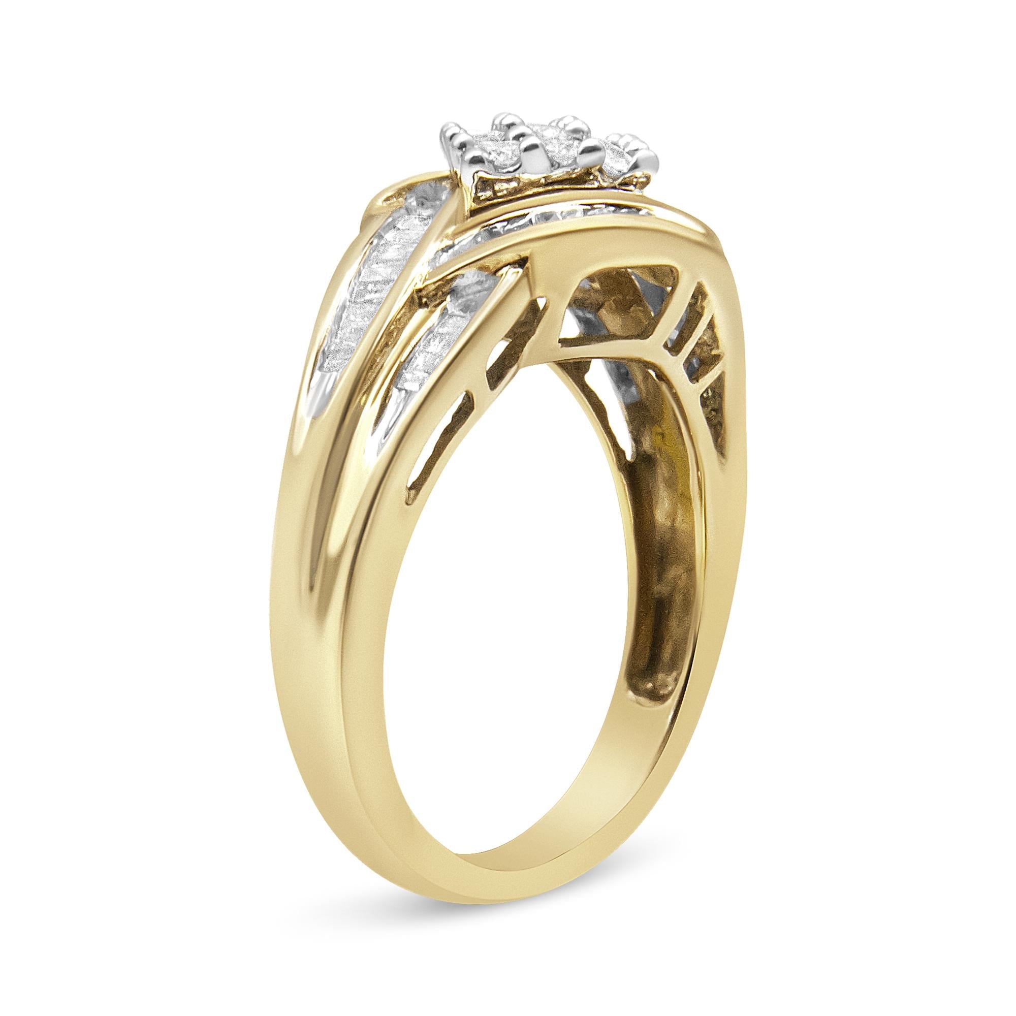 10K Yellow and White Gold 3/4 Cttw Diamond Cluster and Swirl Ring (H-I Color, I1-I2 Clarity) - Friggin Jewelry