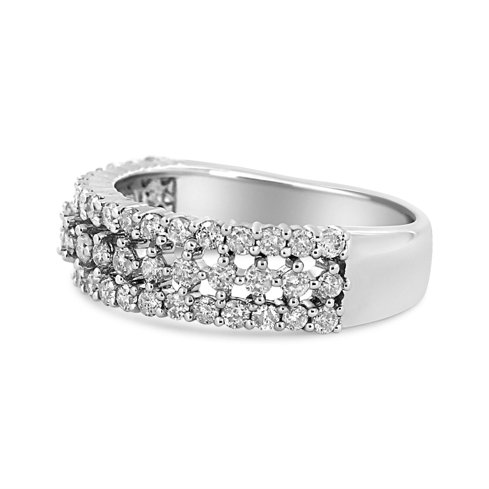 14K White Gold 1.0 Cttw Prong Set Round Diamond Split Shank Three Row Band Ring (H-I Color, I2-I3 Clarity) - Friggin Jewelry
