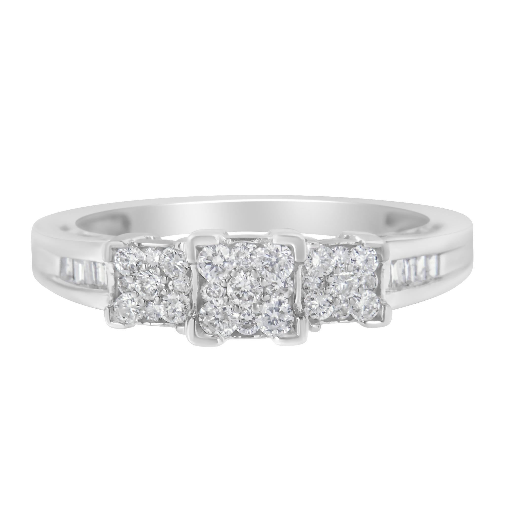 10K White Gold 1/2 Cttw Brilliant & Baguette Cut Diamond 3 Stone Design with 3 Square Clusters Engagement Ring (H-I Color, SI2-I1 Clarity) - Friggin Jewelry