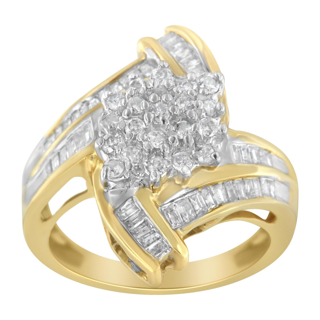 10K Yellow Gold Round and Baguette-Cut Diamond Bypass Cluster Ring (1.0 Cttw, I-J Color, I1-I2 Clarity) - Friggin Jewelry