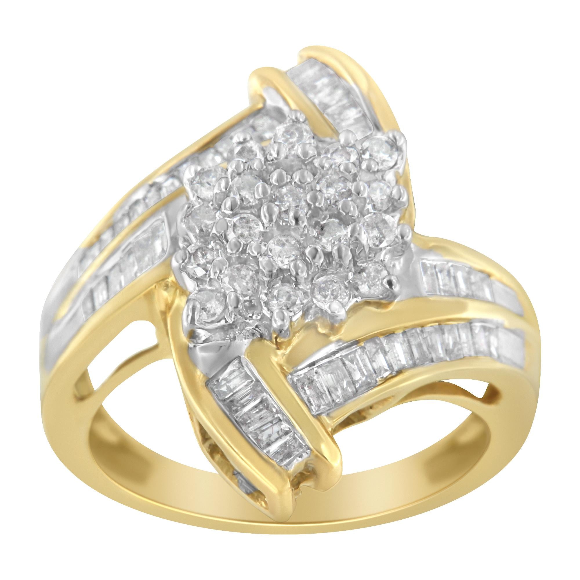 10K Yellow Gold Round and Baguette-Cut Diamond Bypass Cluster Ring (1.0 Cttw, I-J Color, I1-I2 Clarity) - Friggin Jewelry