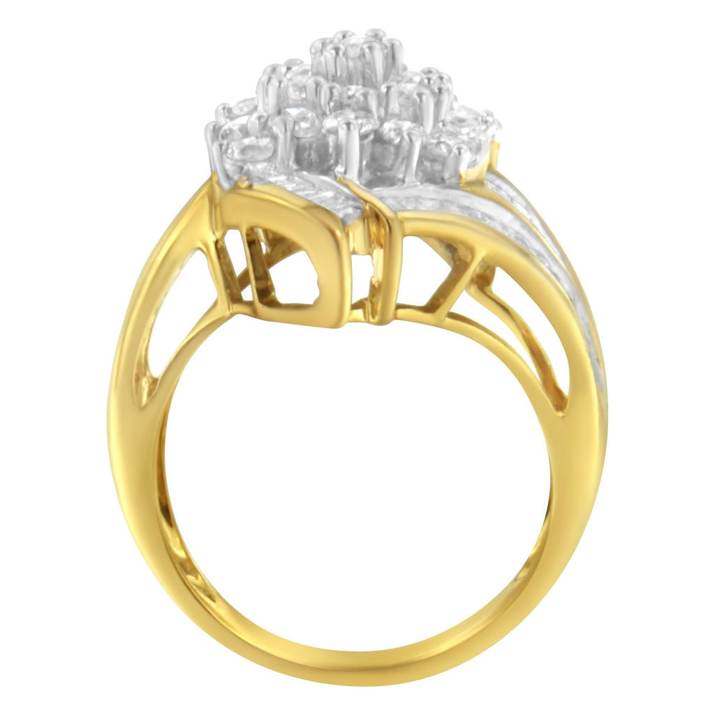 10K Yellow Gold Round and Baguette Diamond Swirl Ring (2.0 Cttw, J-K Color, I2 Clarity) - Friggin Jewelry Premium