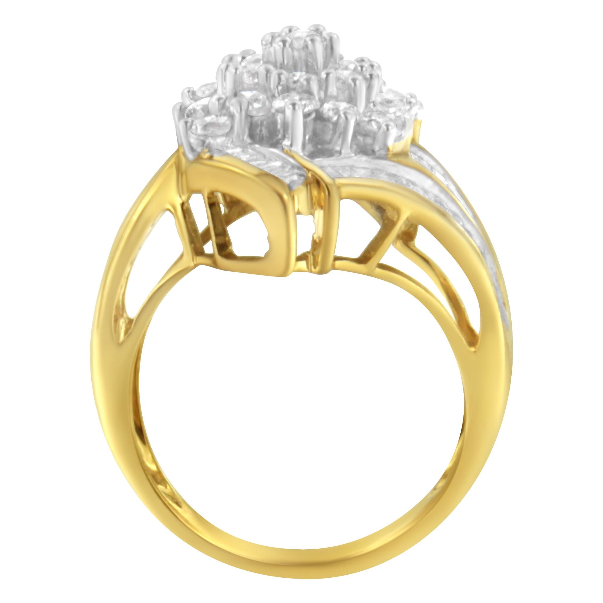 10K Yellow Gold Round and Baguette Diamond Swirl Ring (2.0 Cttw, J-K Color, I2 Clarity) - Friggin Jewelry Premium