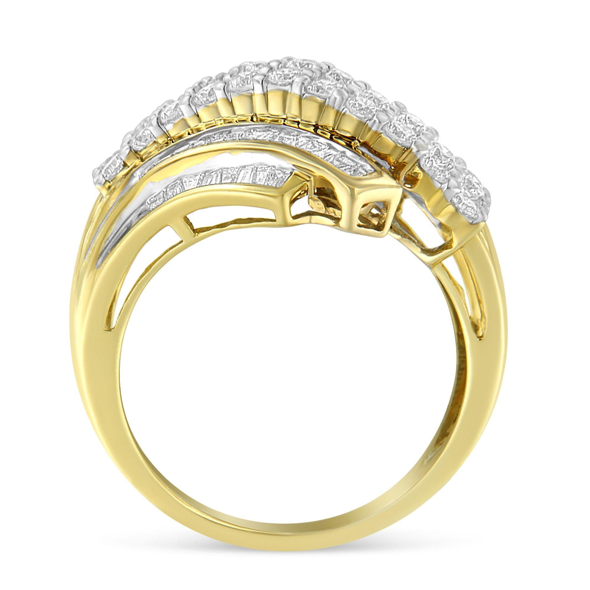 10K Yellow Gold 1.0 Cttw Round & Baguette Cut Diamond 64 Stone Bypass Style Channel Set Modern Statement Ring (H-I Color, SI1-SI2 Clarity) - Friggin Jewelry Premium