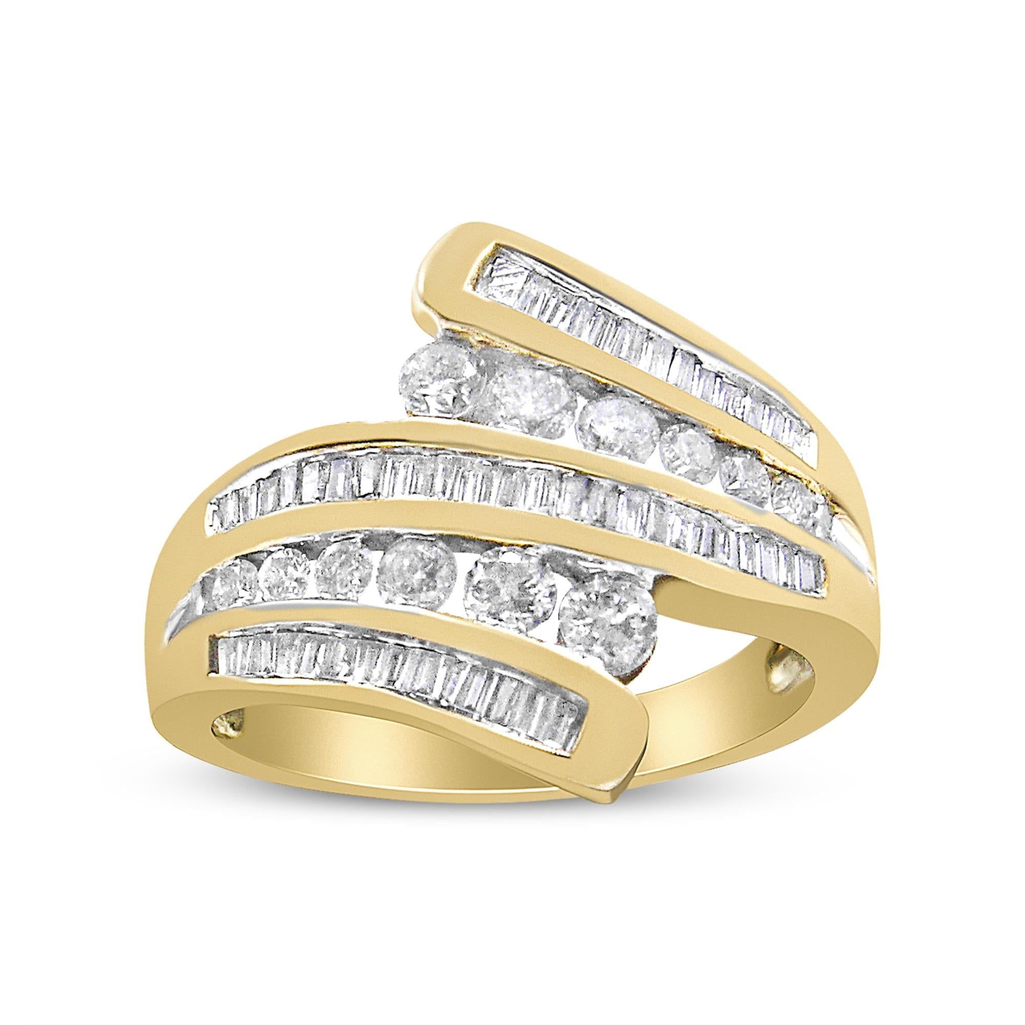 10K Yellow Gold 1 Cttw Round and Baguette-Cut Diamond Multi Row Bypass Ring Band (H-I Color, I1-I2 Clarity) - Friggin Jewelry