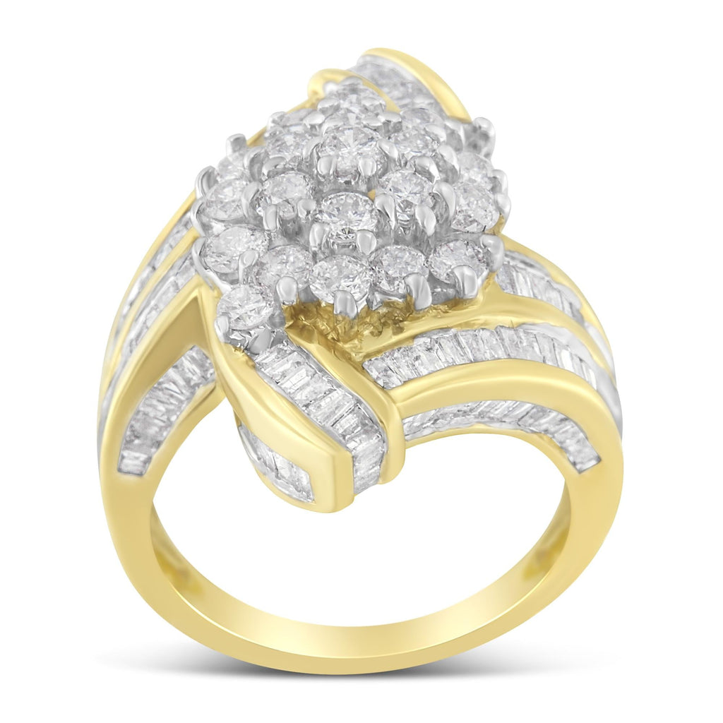 10K Yellow Gold Round and Baguette Diamond Crossover Cluster Ring (3 Cttw, I-J Color, I1-I2 Clarity) - Friggin Jewelry Premium