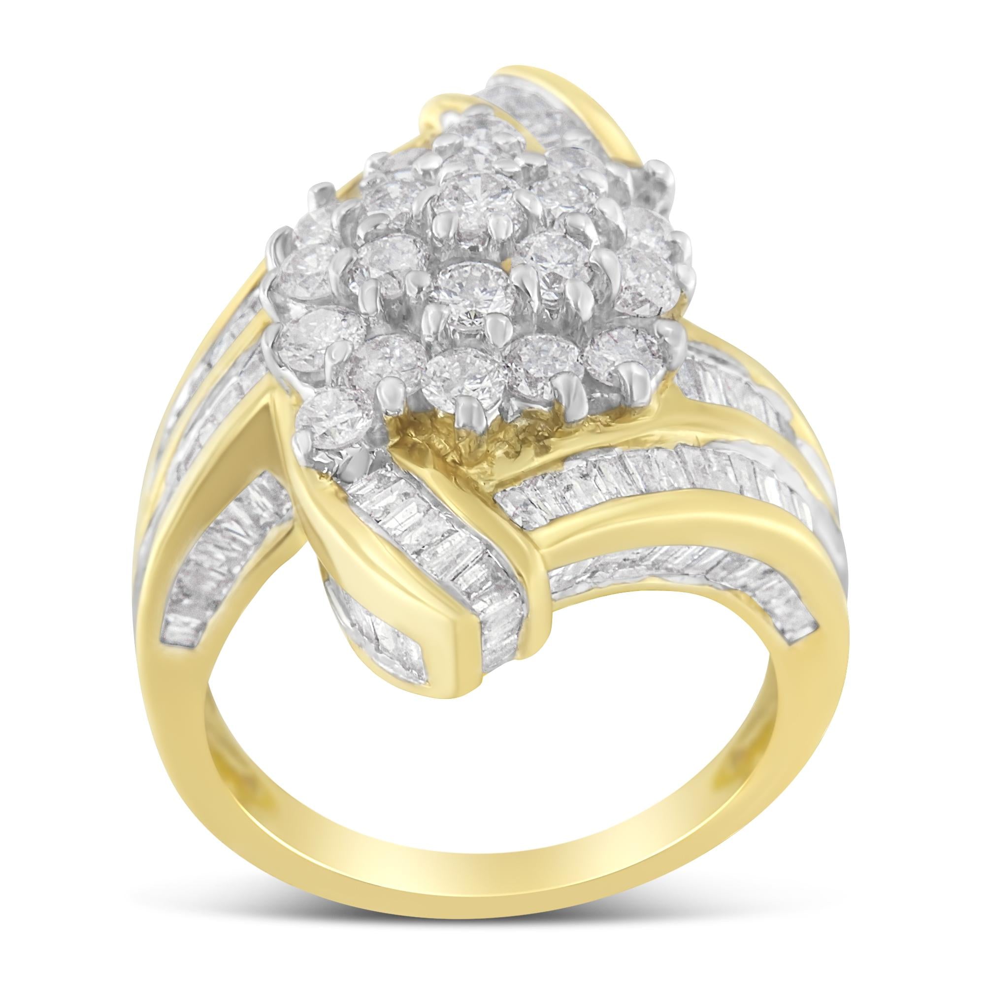 10K Yellow Gold Round and Baguette Diamond Crossover Cluster Ring (3 Cttw, I-J Color, I1-I2 Clarity) - Friggin Jewelry