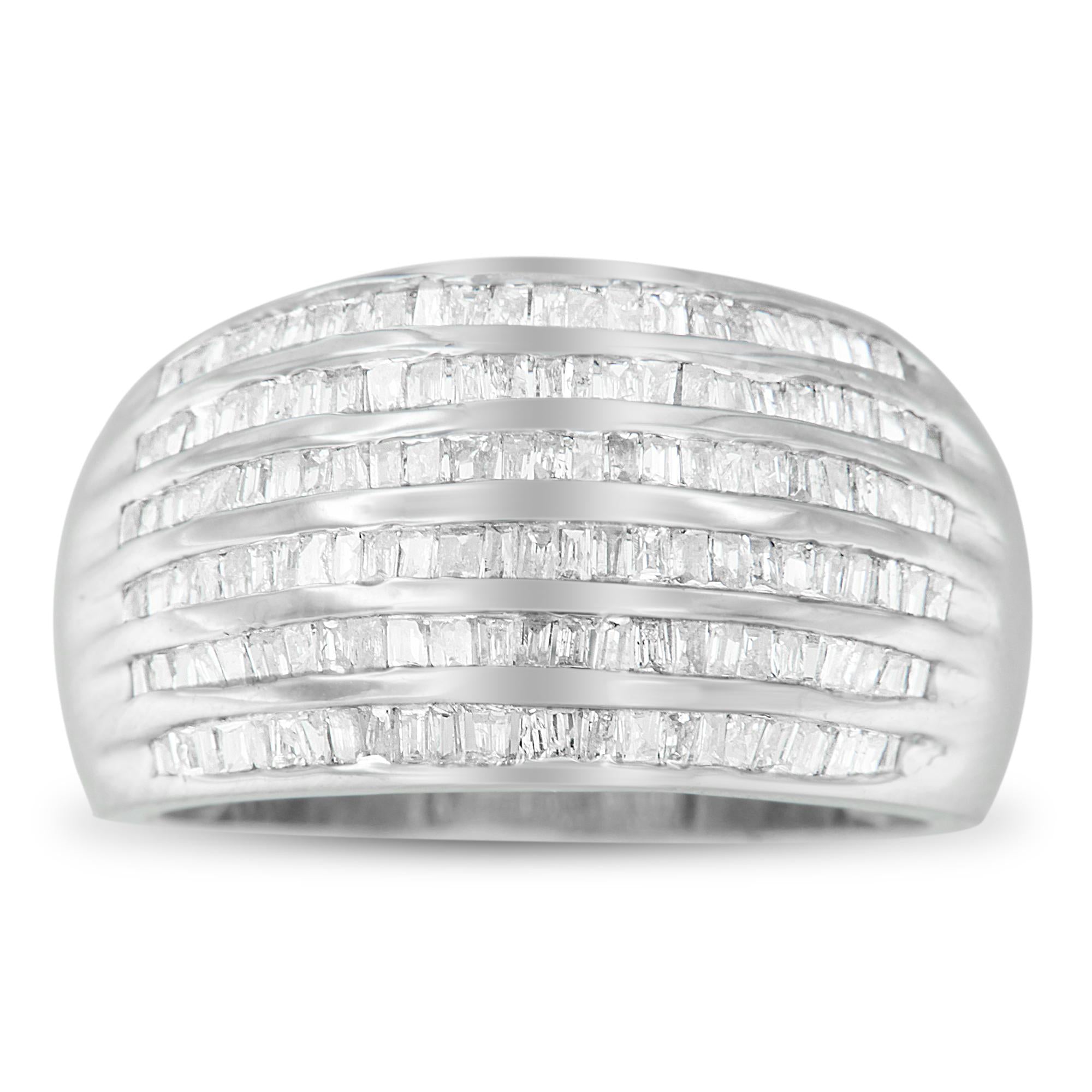 .925 Sterling Silver 1.0 Cttw Baguette-Cut Diamond 6-Row Channel Set Domed Tapered Cocktail Fashion Ring (H-I Color, I2-I3 Clarity) - Friggin Jewelry